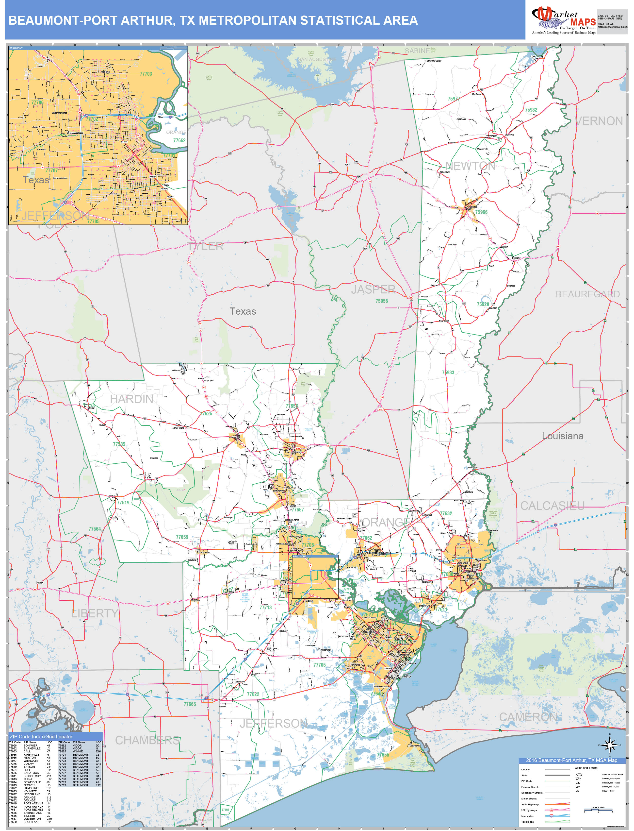 BeaumontPort Arthur, TX Metro Area Wall Map Basic Style by MarketMAPS