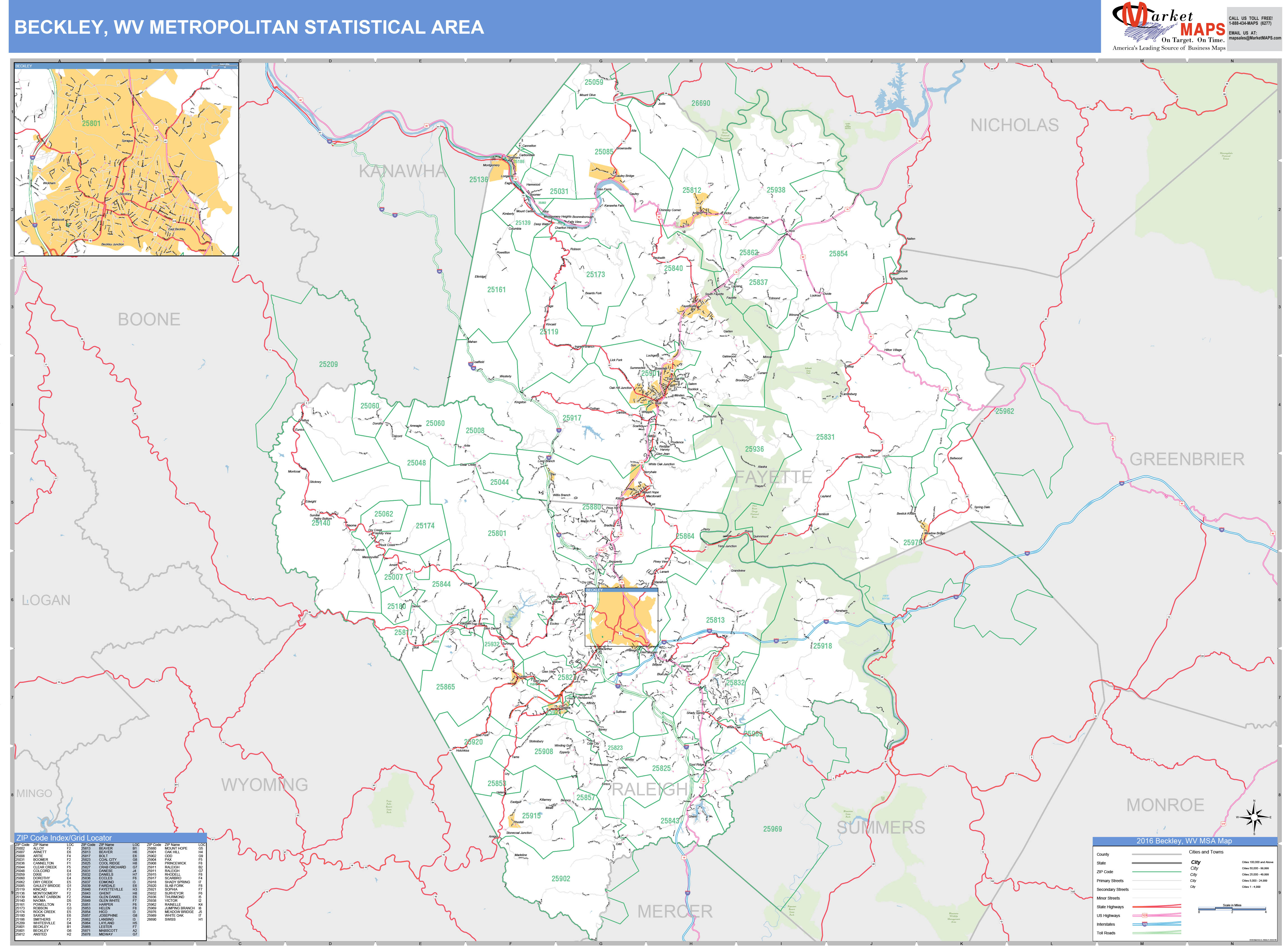 Beckley, WV Metro Area Wall Map Basic Style by MarketMAPS