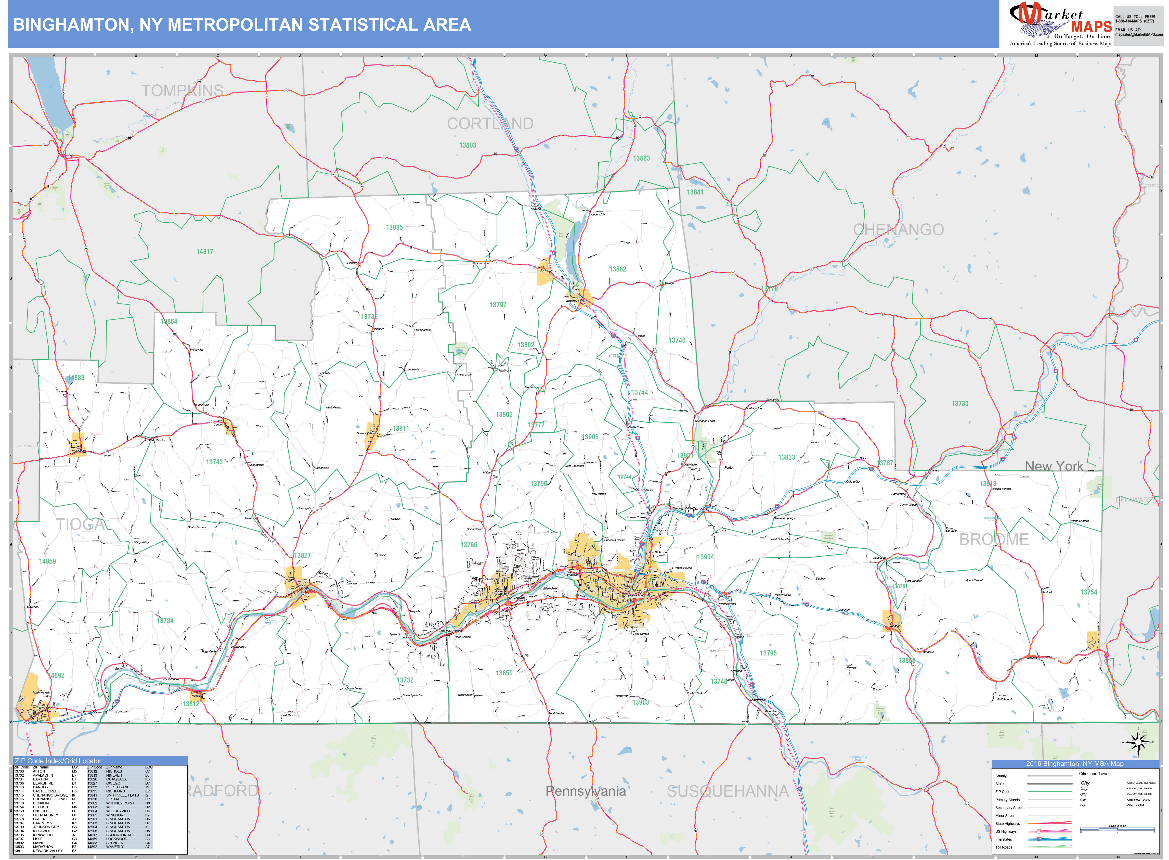 Binghamton, NY Metro Area Wall Map Basic Style by MarketMAPS