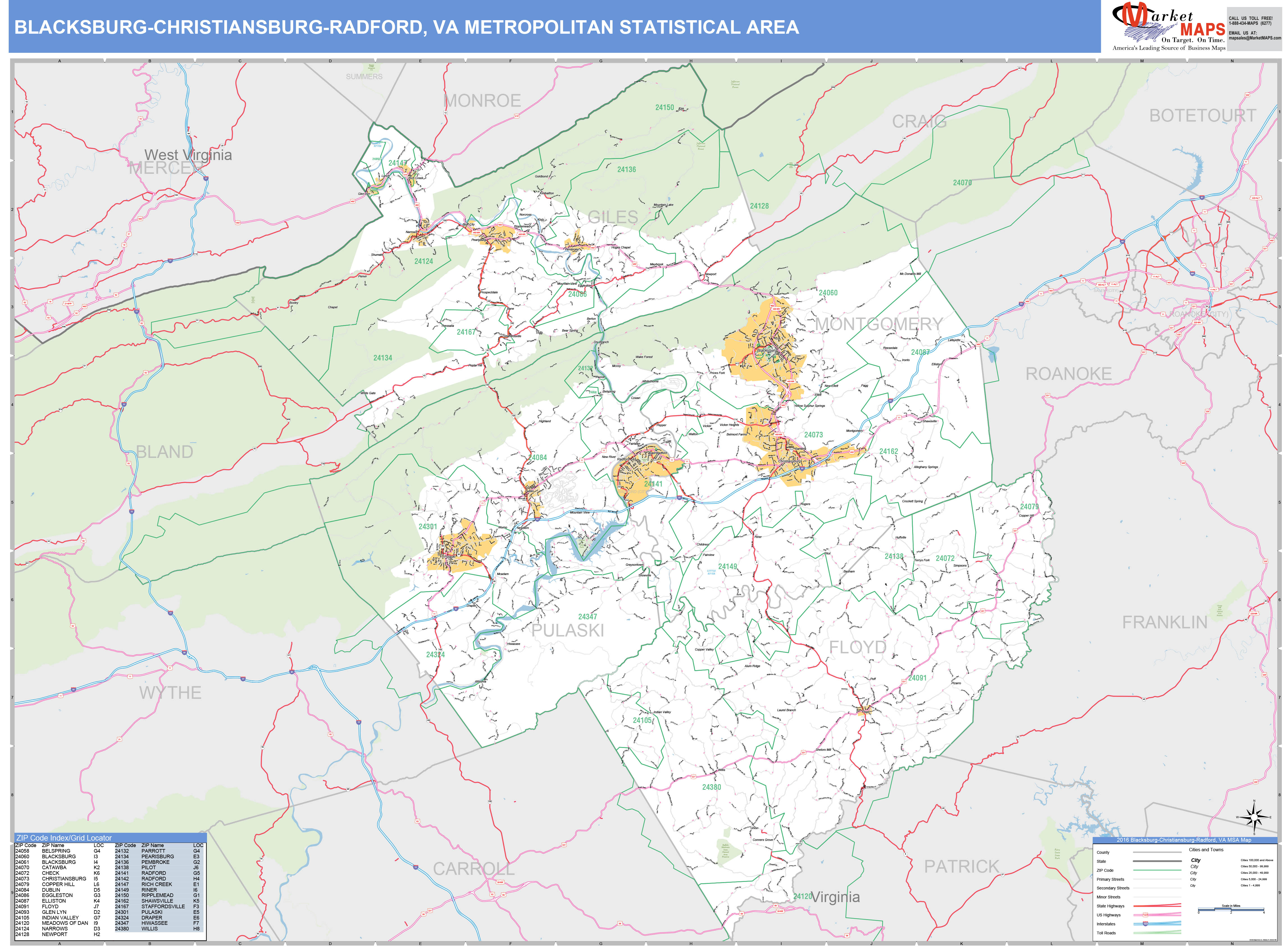 BlacksburgChristiansburgRadford, VA Metro Area Wall Map Basic Style