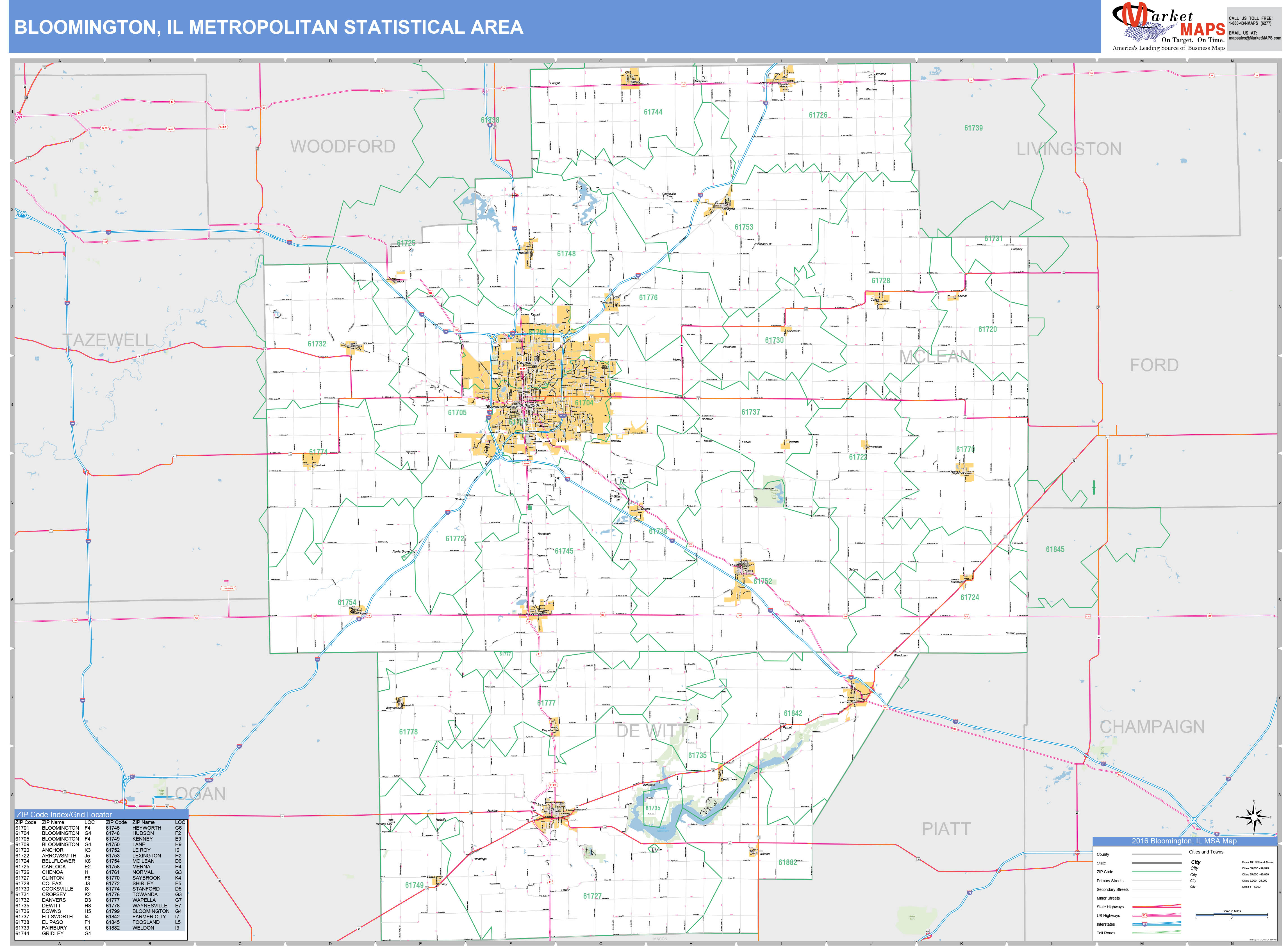 Bloomington, IL Metro Area Wall Map Basic Style by MarketMAPS MapSales