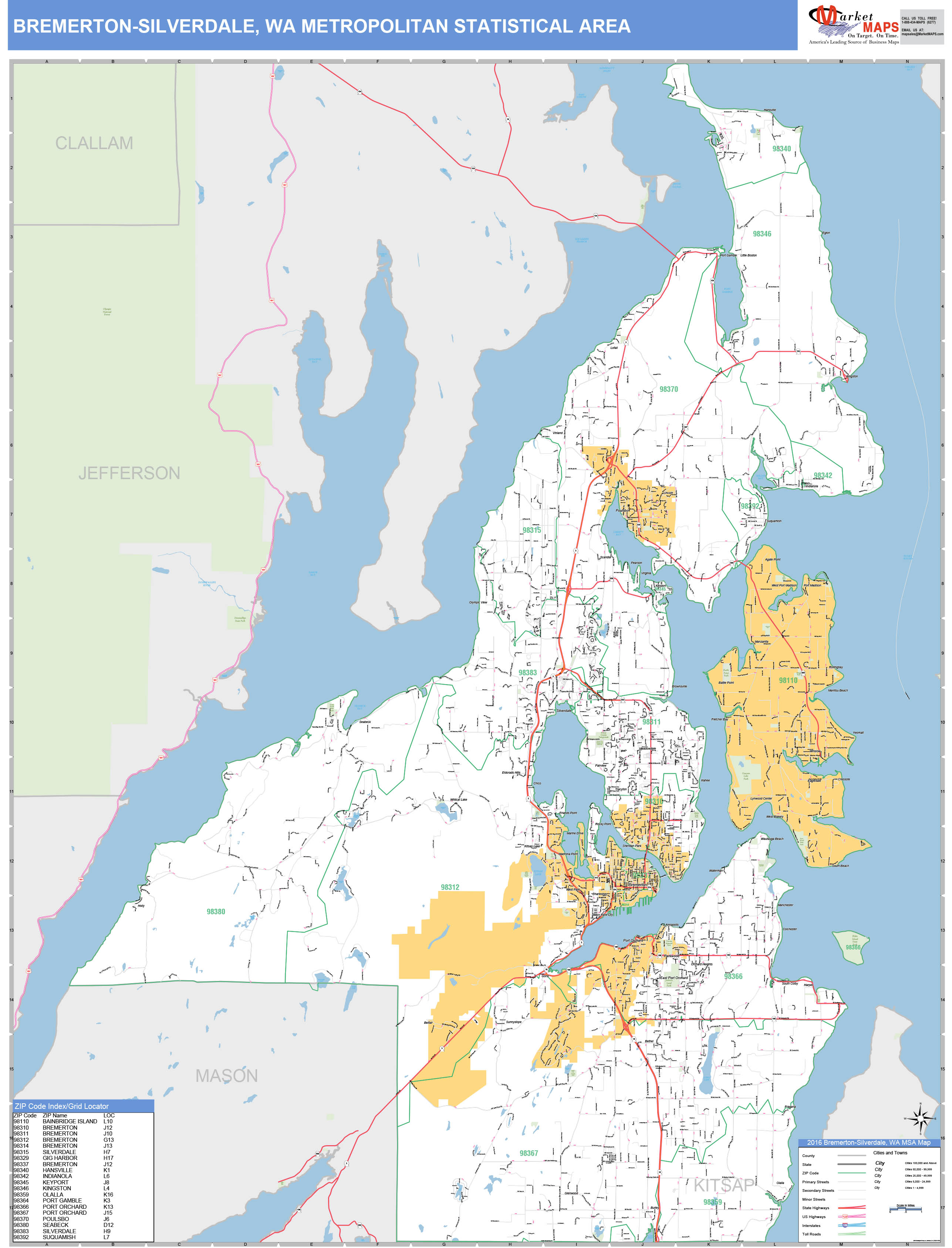 BremertonSilverdale, WA Metro Area Wall Map Basic Style by MarketMAPS