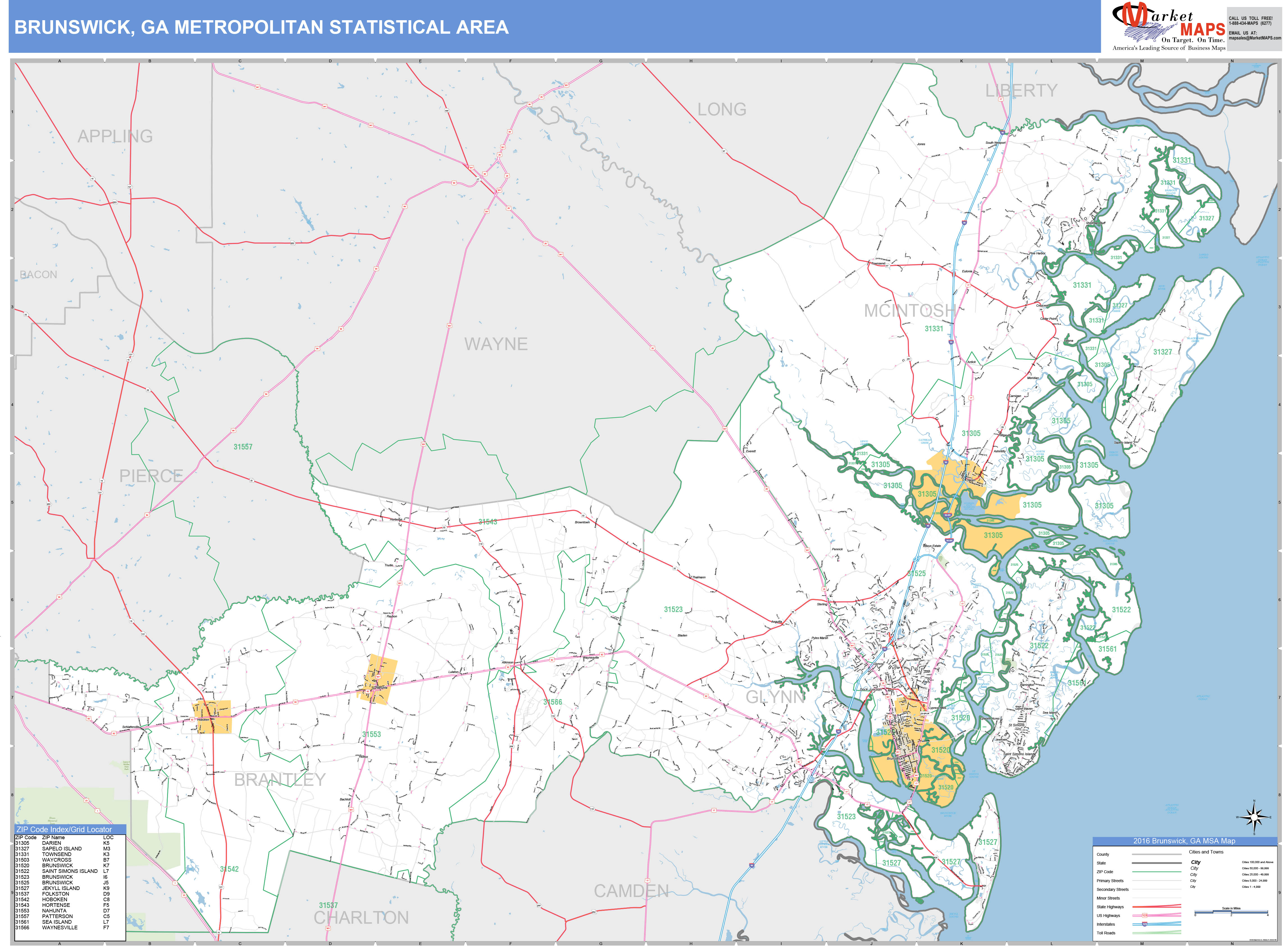 Brunswick, GA Metro Area Wall Map Basic Style by MarketMAPS MapSales