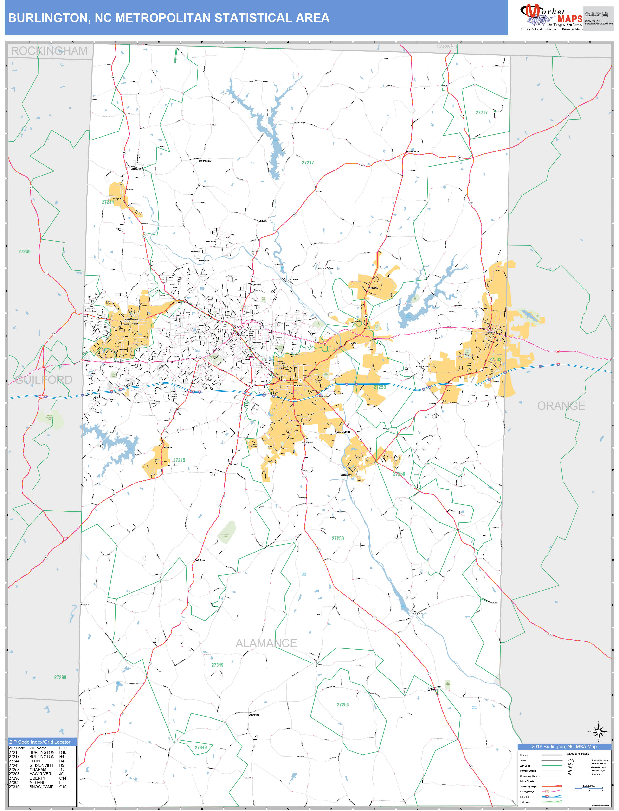 Burlington NC Metro Area Wall Map Basic Style By MarketMAPS MapSales Com Burlington NC 