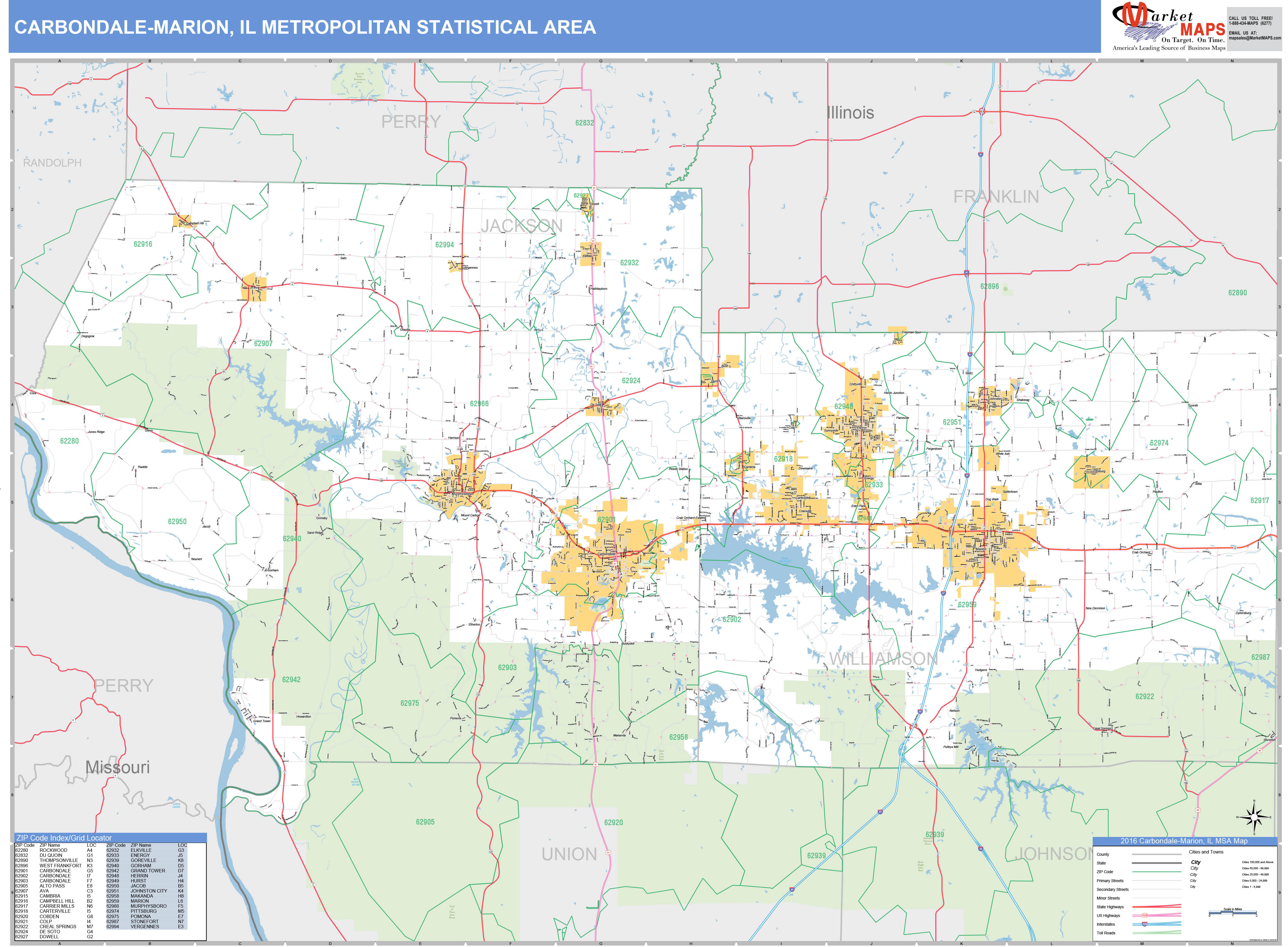 CarbondaleMarion, IL Metro Area Wall Map Basic Style by MarketMAPS