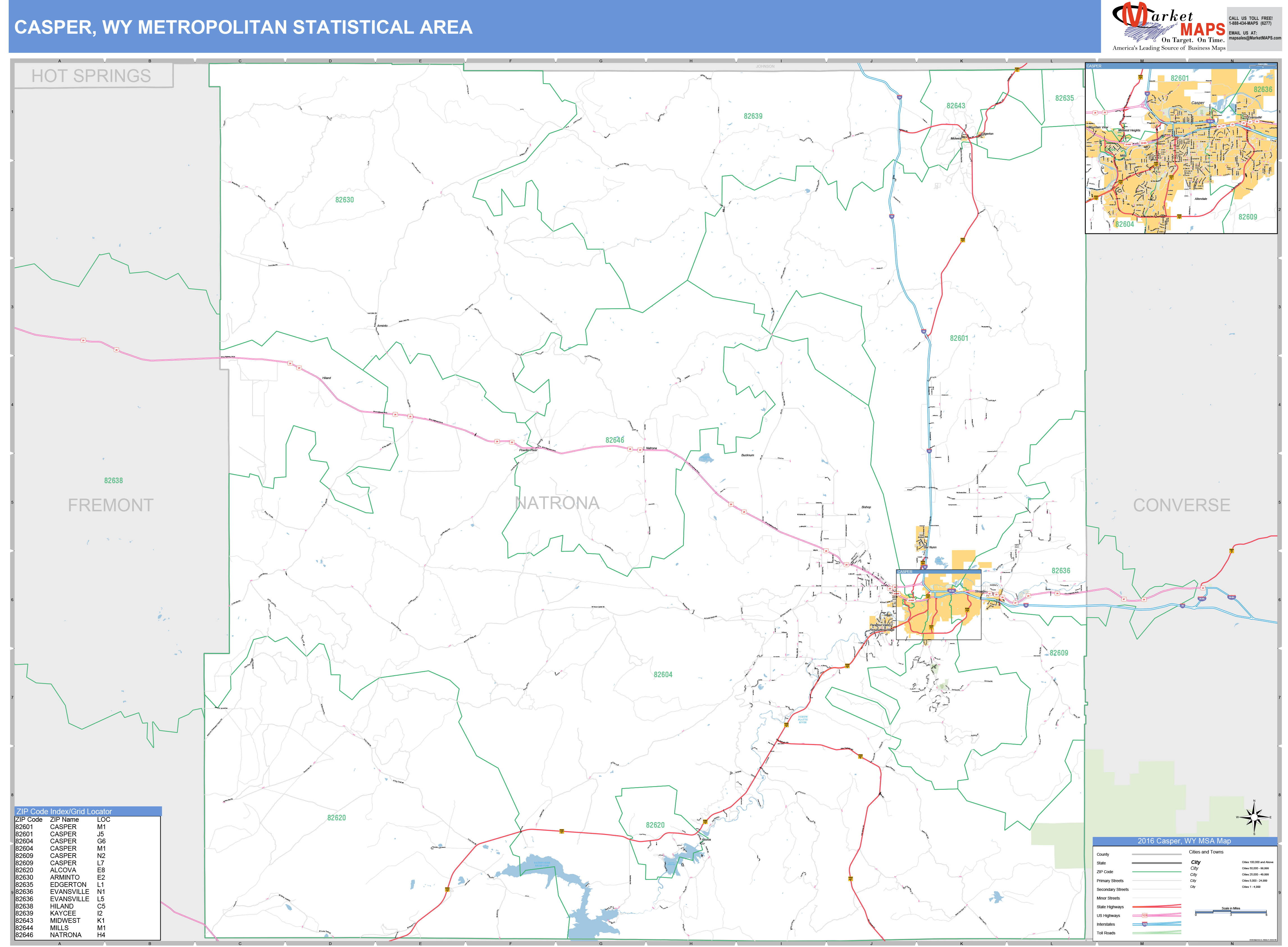 Casper, WY Metro Area Wall Map Basic Style by MarketMAPS