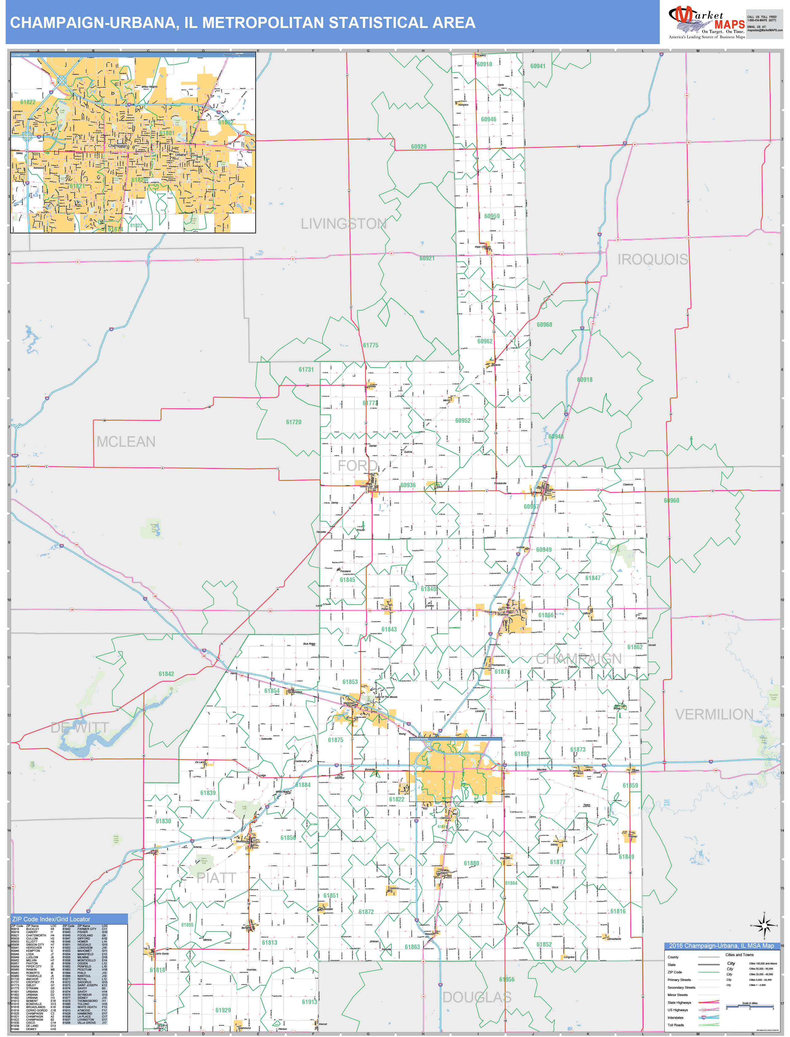 ChampaignUrbana, IL Metro Area Wall Map Basic Style by MarketMAPS