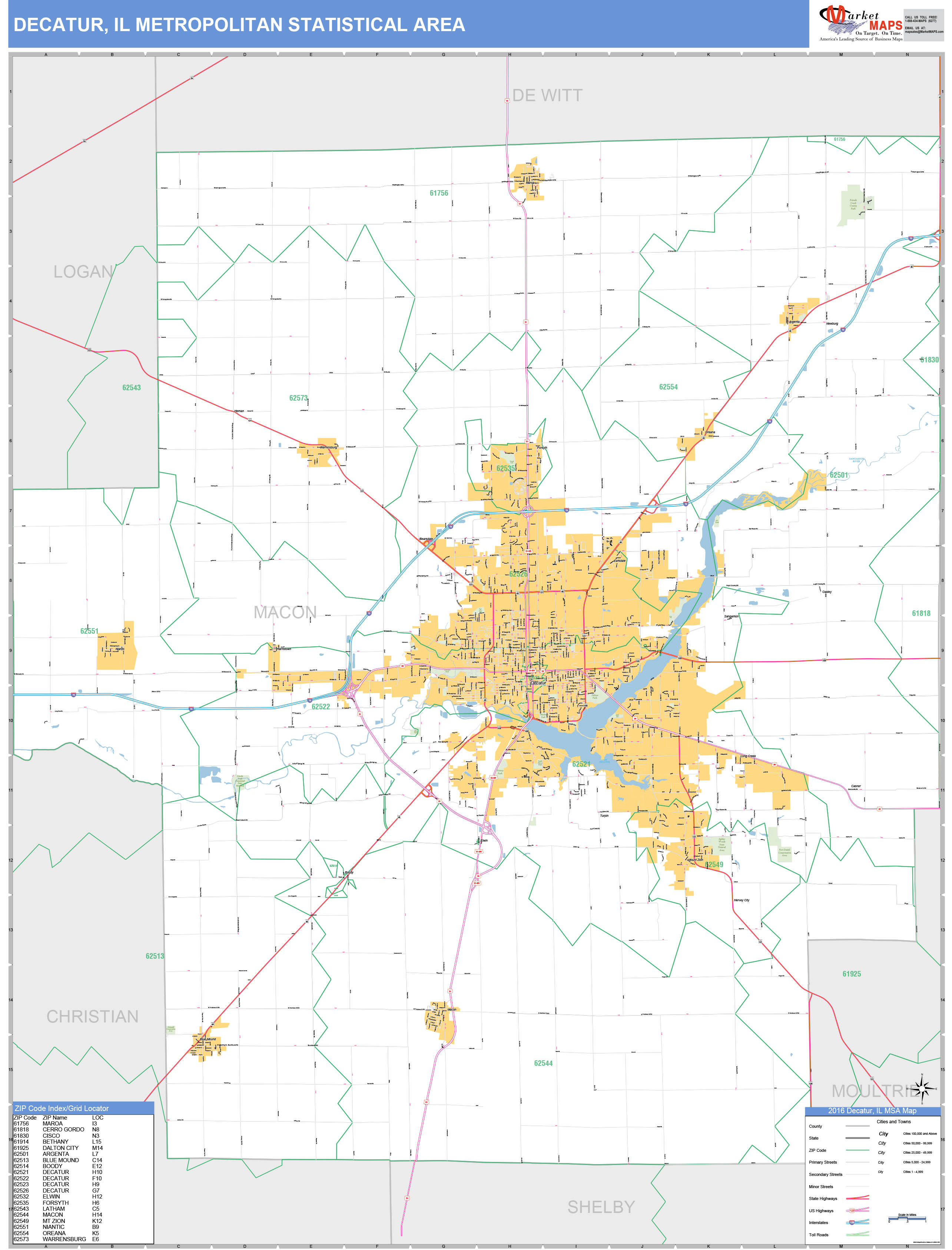 Decatur, IL Metro Area Wall Map Basic Style by MarketMAPS