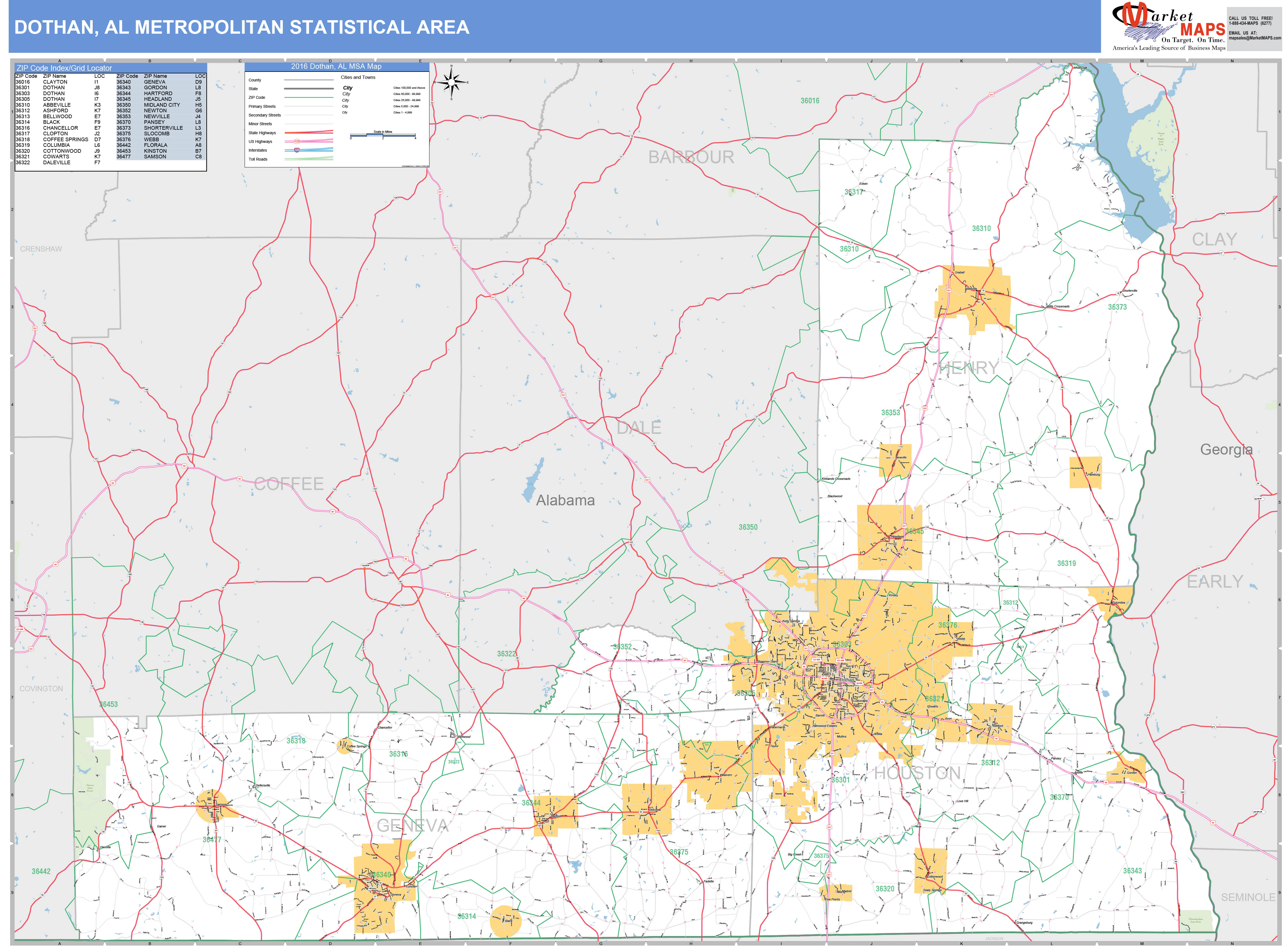 Dothan, AL Metro Area Wall Map Basic Style by MarketMAPS