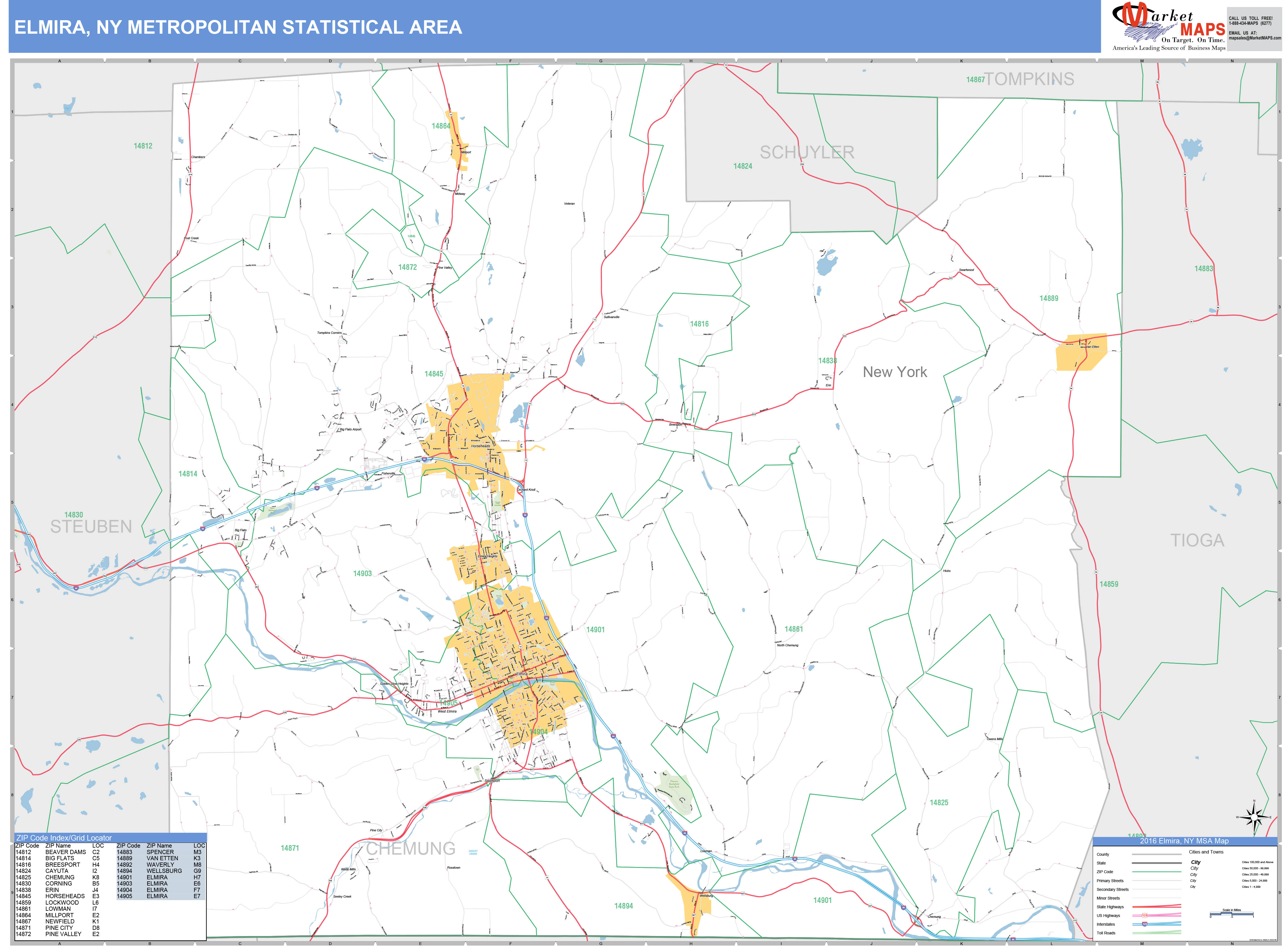 Elmira, NY Metro Area Wall Map Basic Style by MarketMAPS