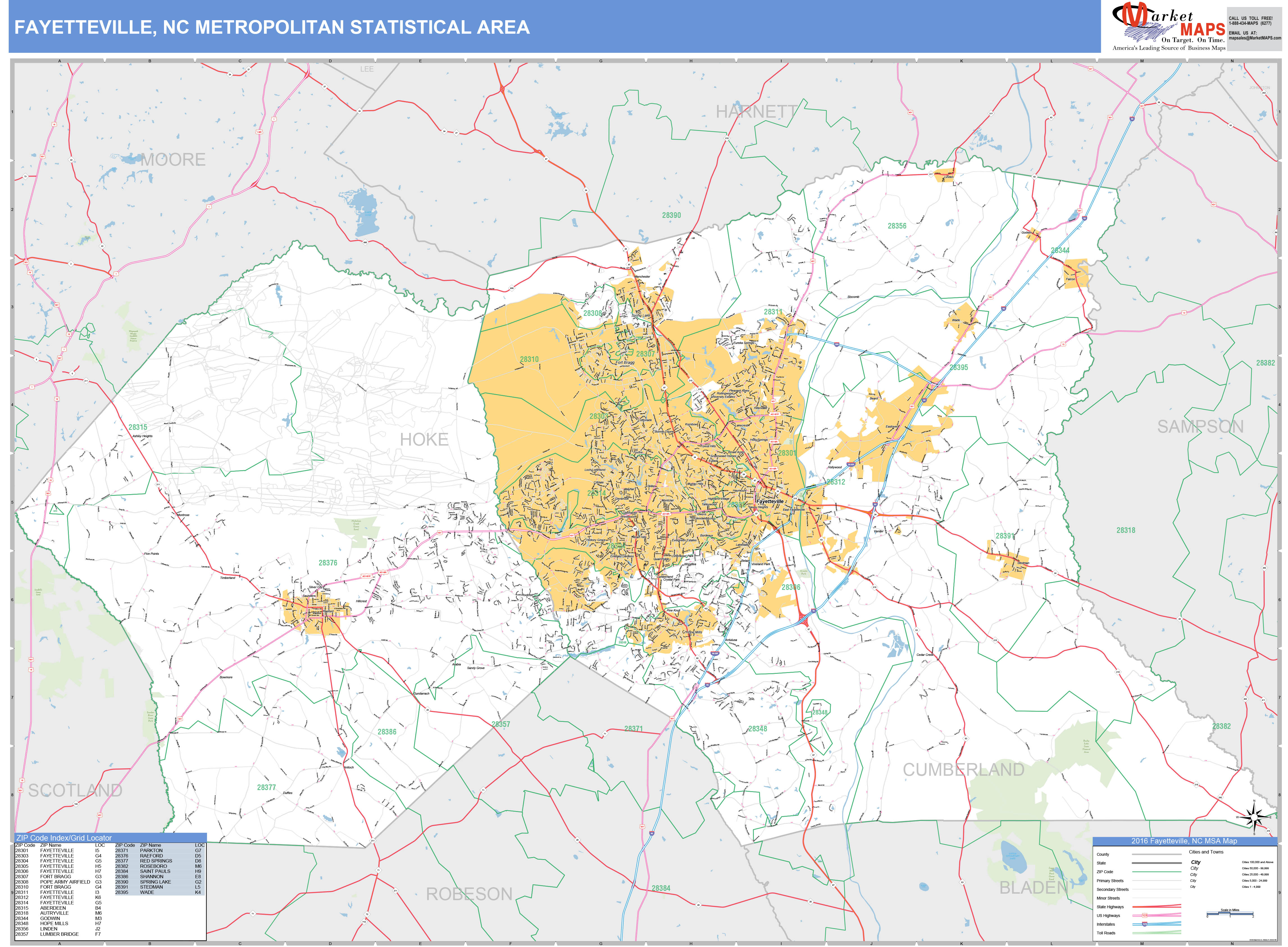 Fayetteville, NC Metro Area Wall Map Basic Style by MarketMAPS