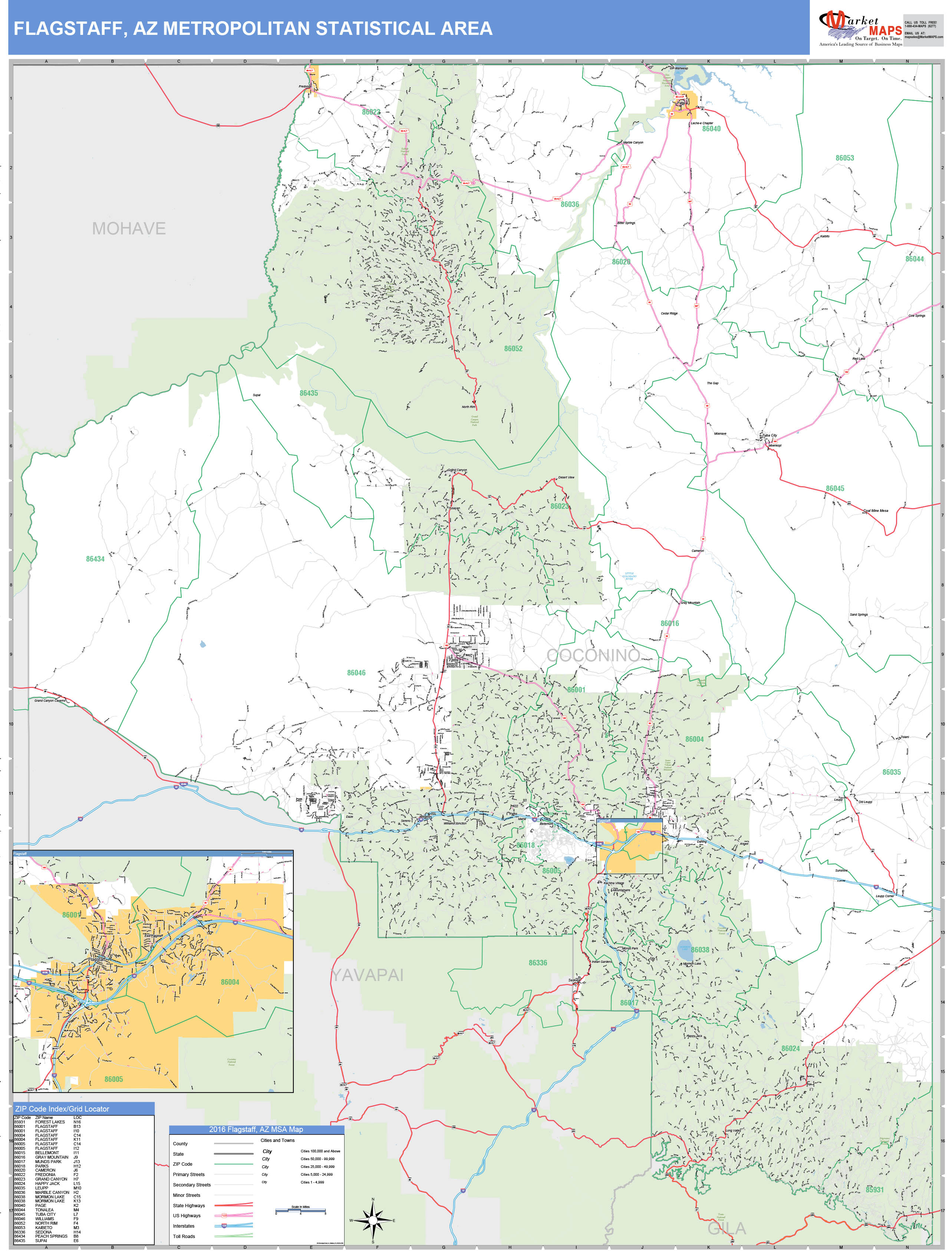 Flagstaff, AZ Metro Area Wall Map Basic Style by MarketMAPS