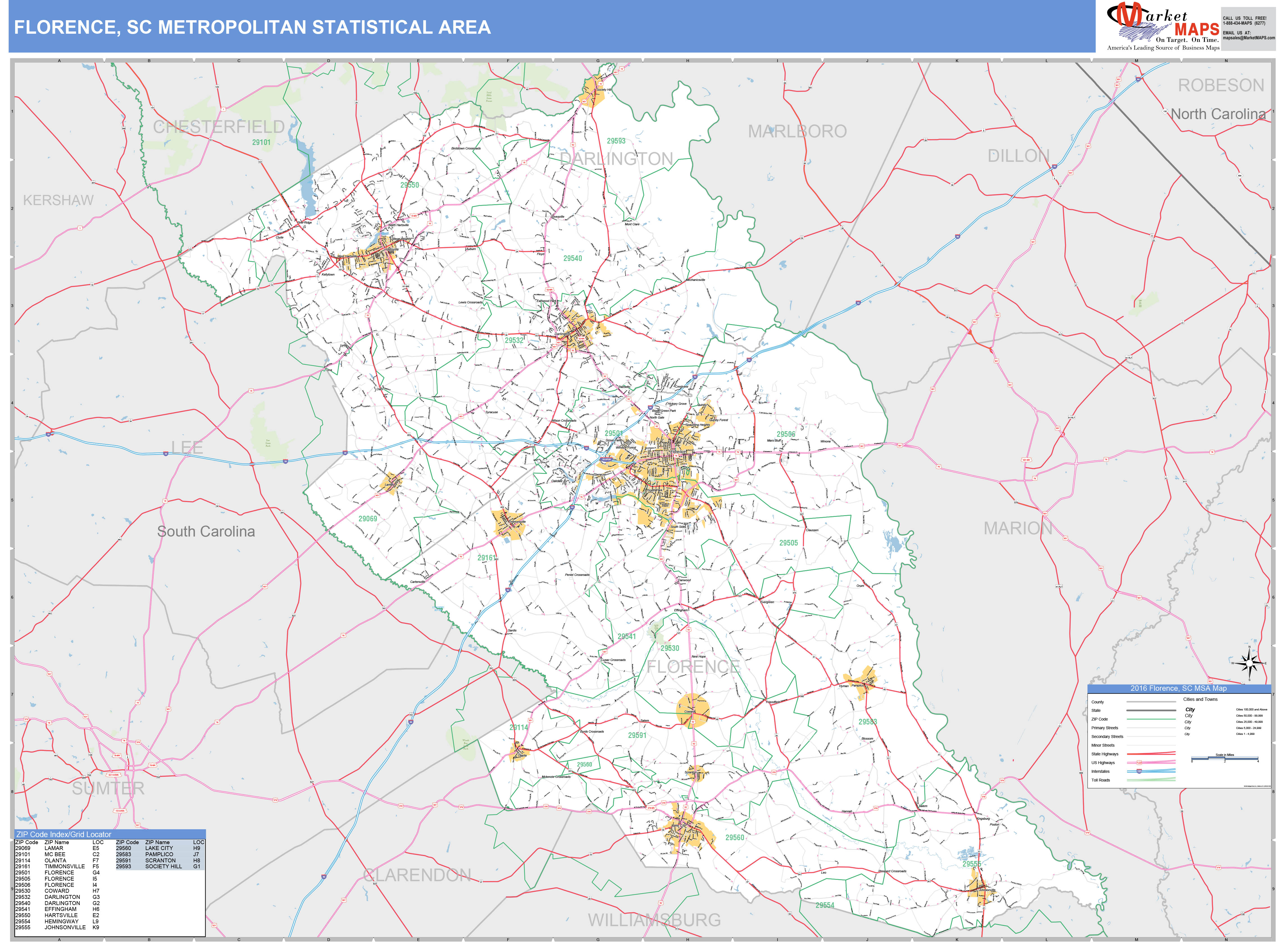 Florence, SC Metro Area Wall Map Basic Style by MarketMAPS