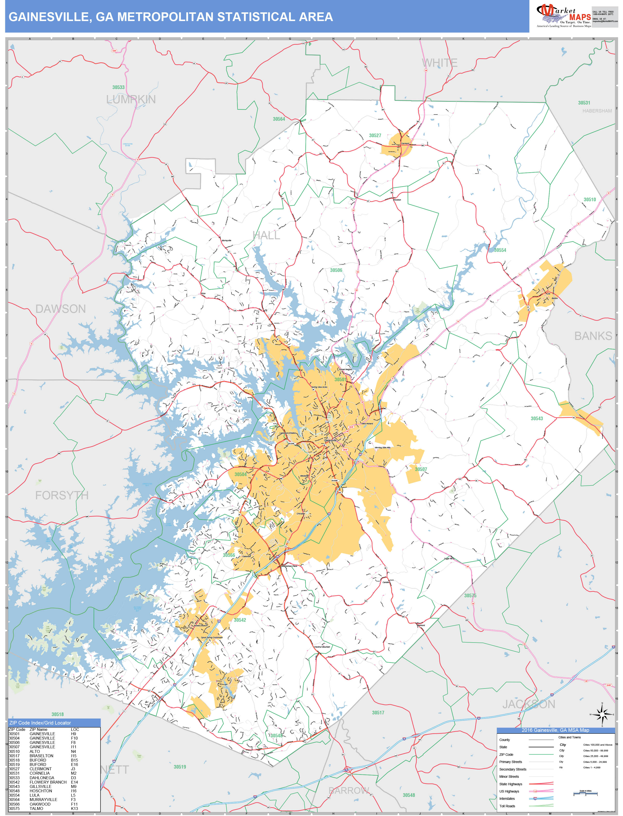 Gainesville, GA Metro Area Wall Map Basic Style by MarketMAPS