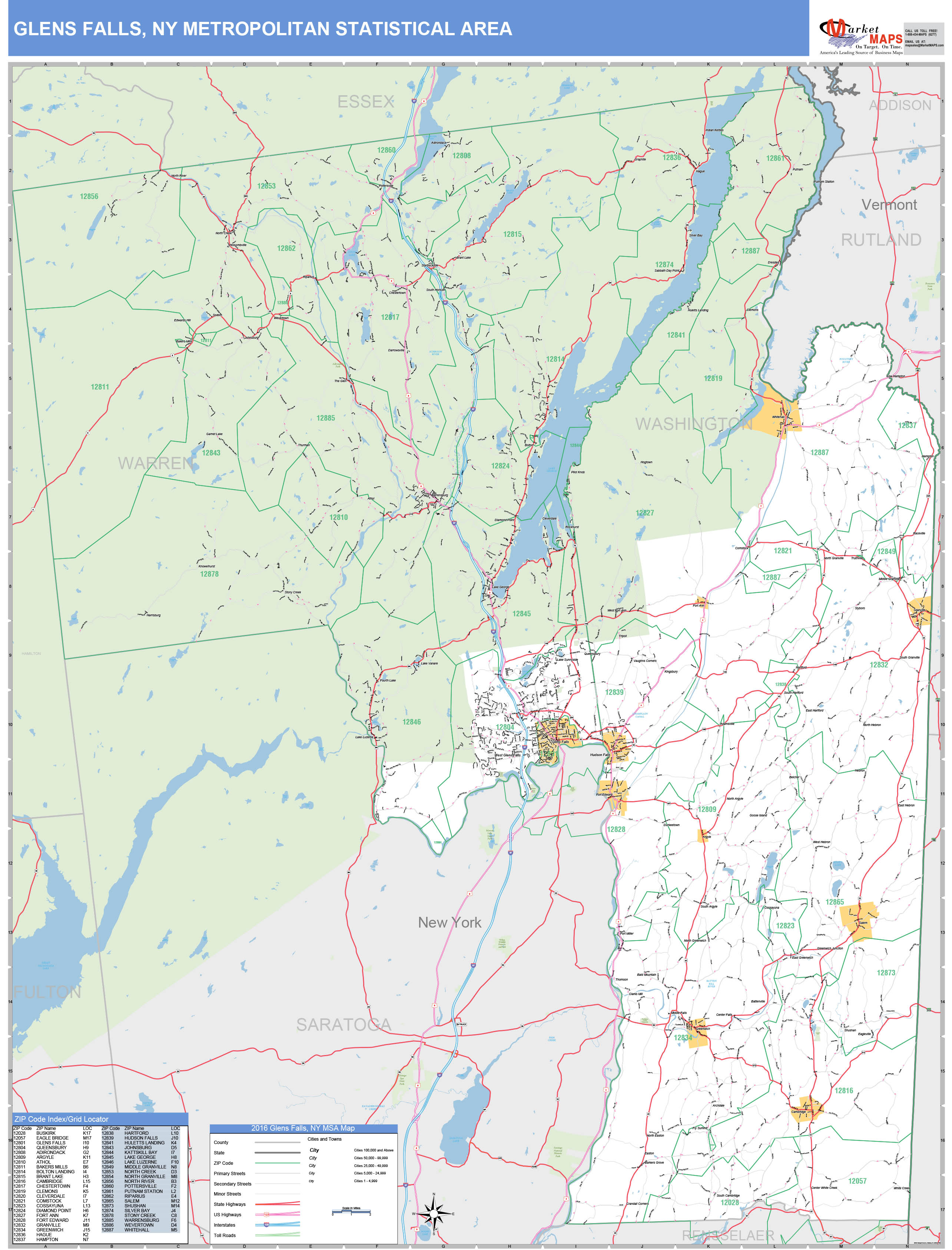 Glens Falls, NY Metro Area Wall Map Basic Style by MarketMAPS