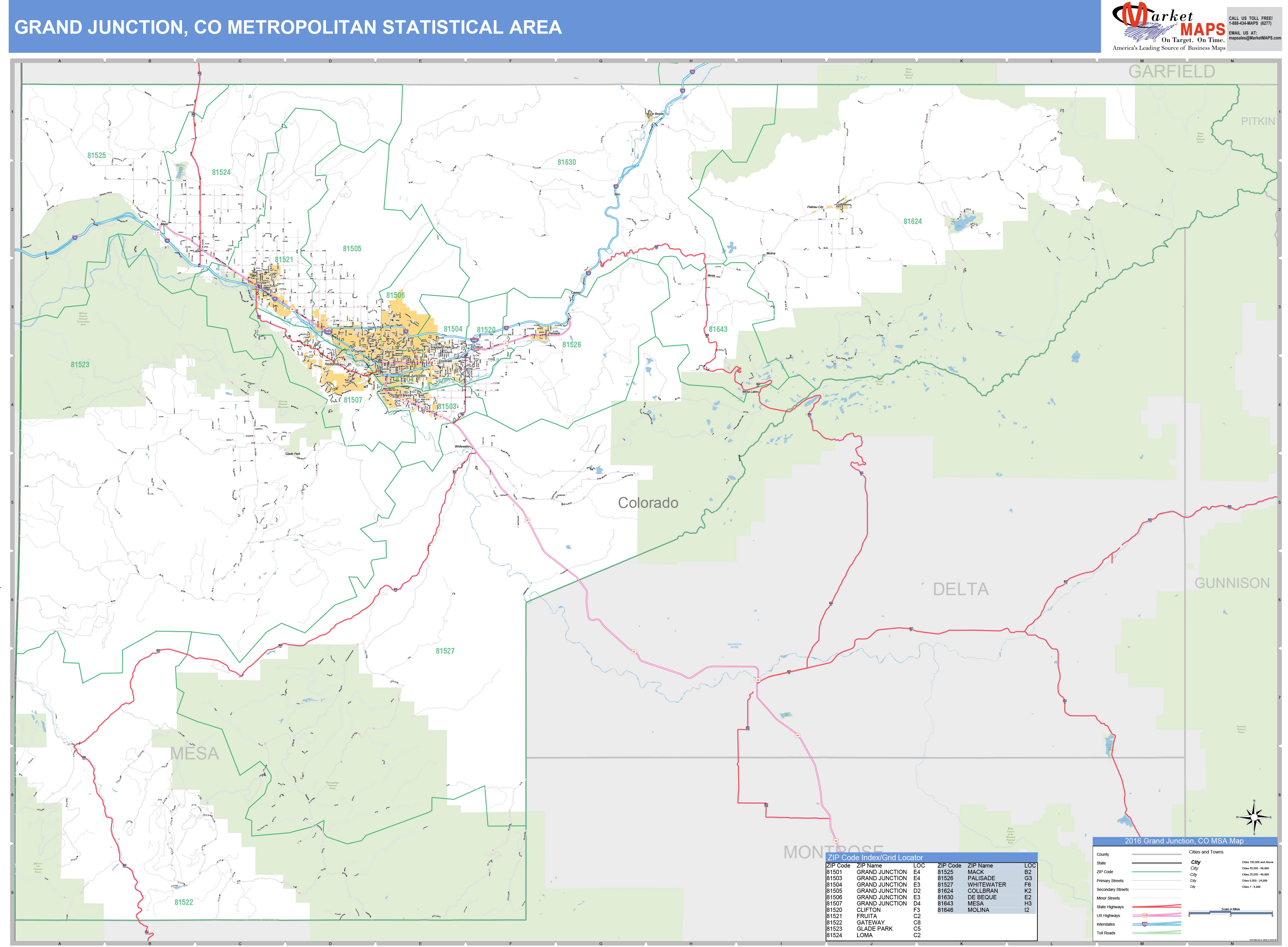 Grand Junction, CO Metro Area Wall Map Basic Style by MarketMAPS