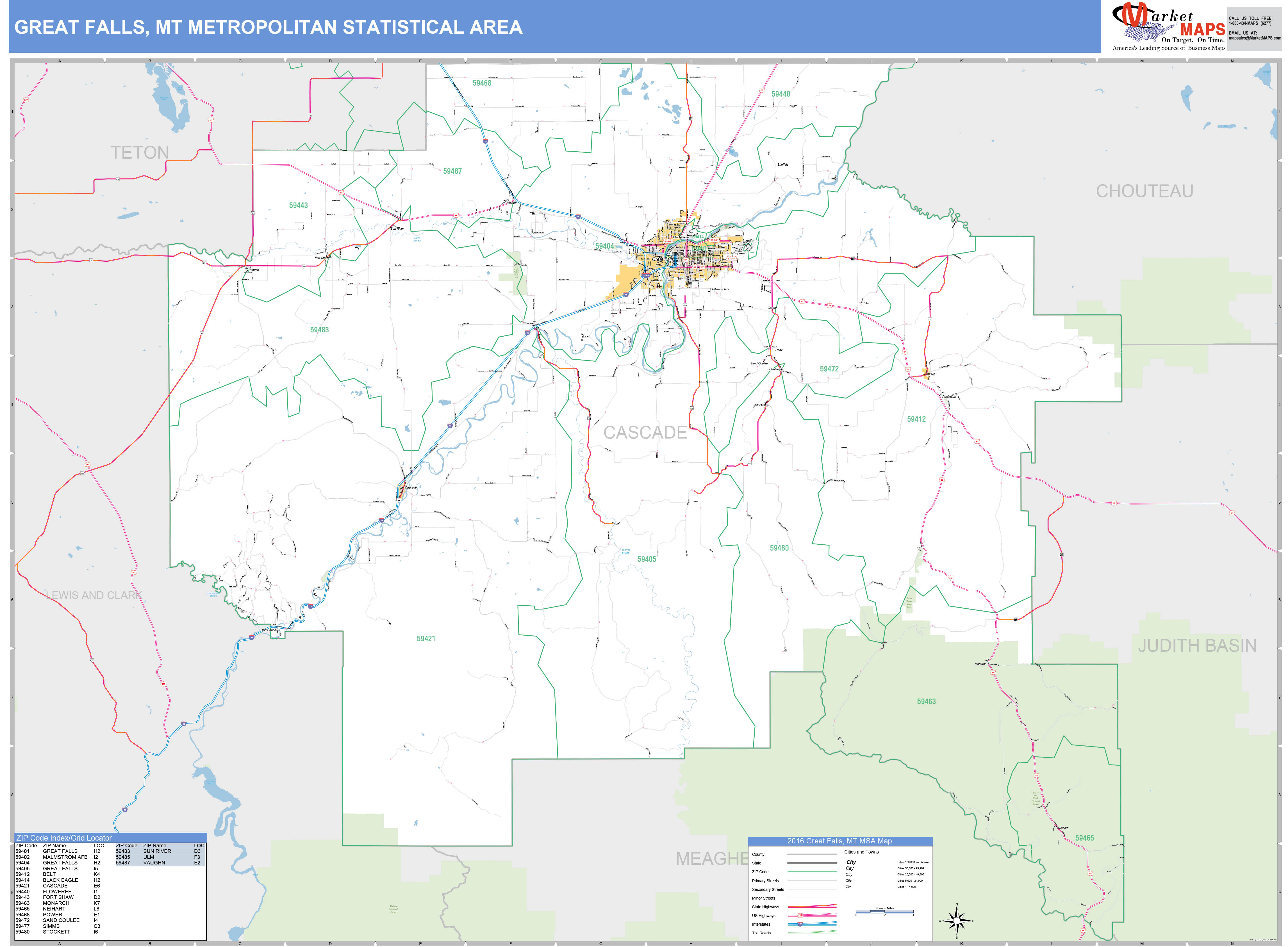 Great Falls, MT Metro Area Wall Map Basic Style by MarketMAPS