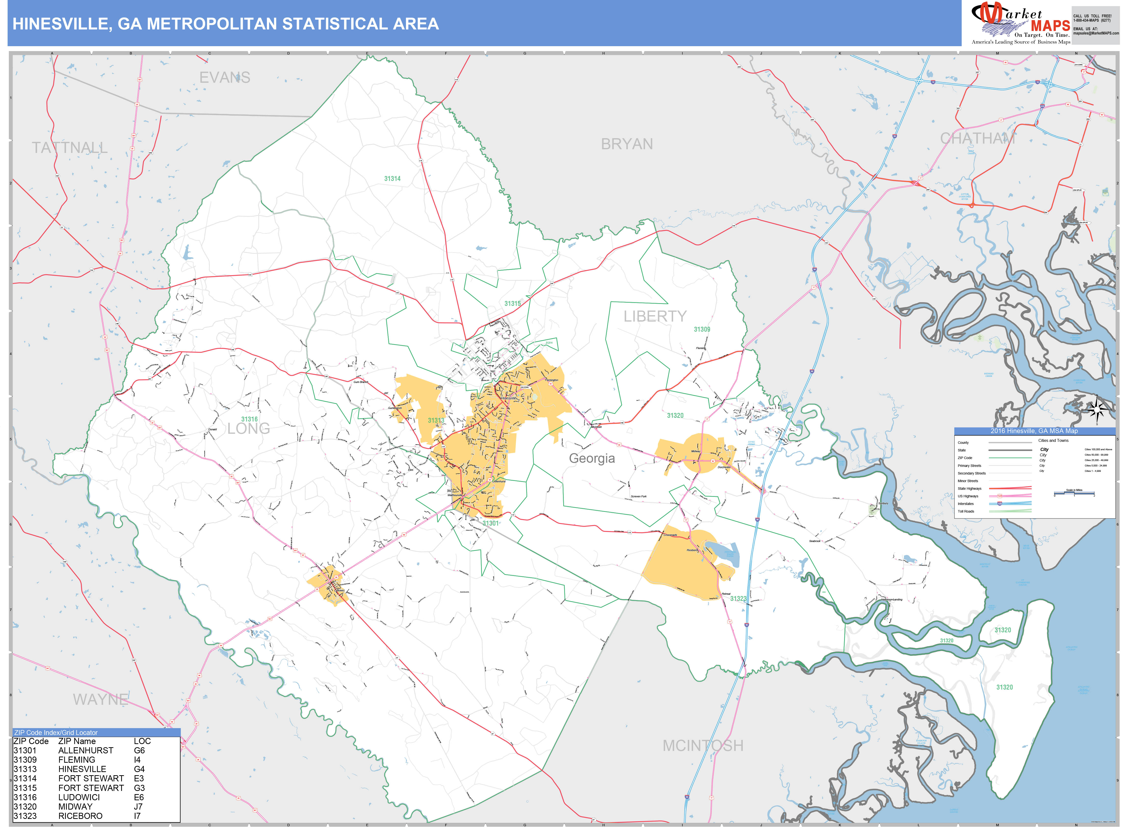 Hinesville, GA Metro Area Wall Map Basic Style by MarketMAPS