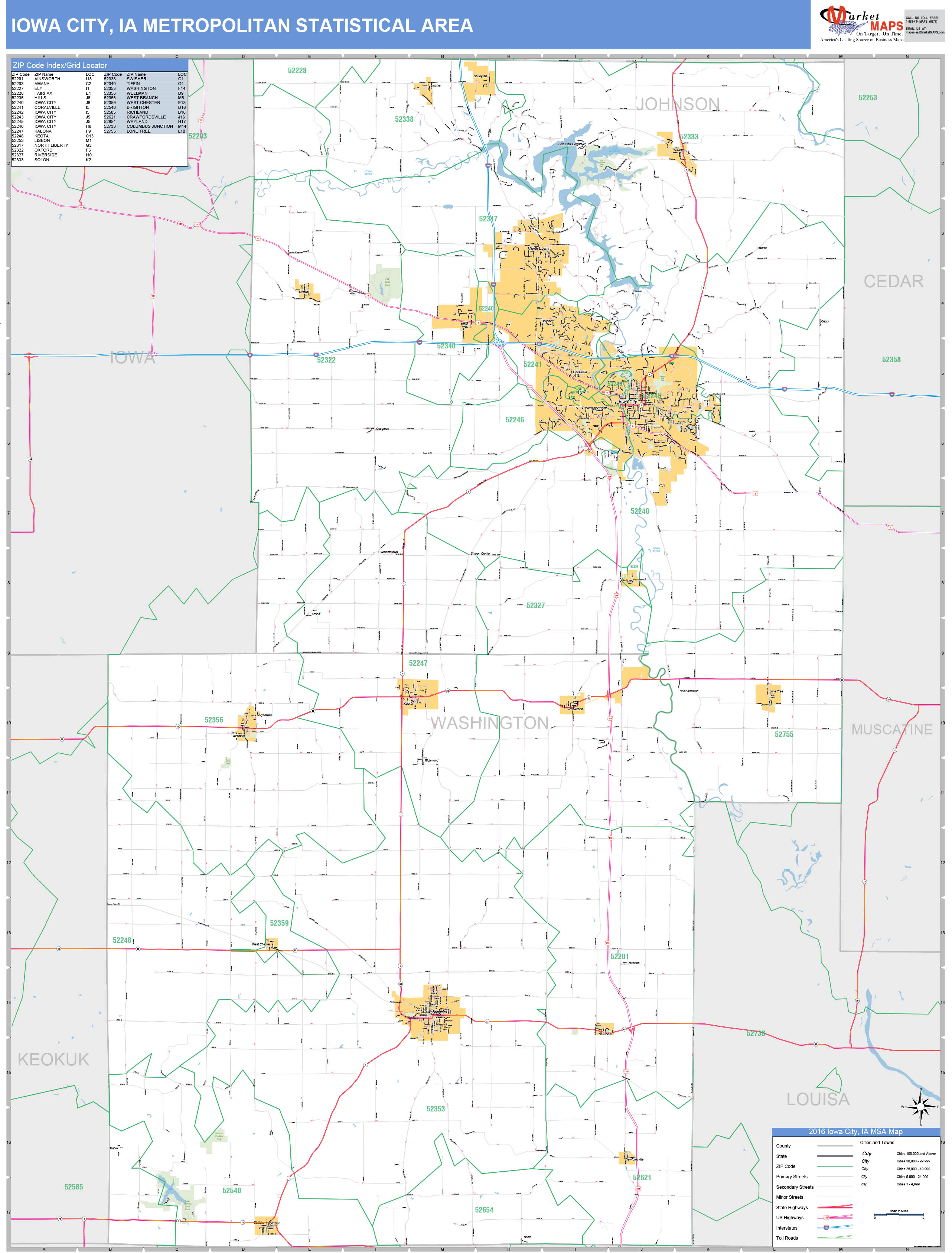 Iowa City, IA Metro Area Wall Map Basic Style by MarketMAPS