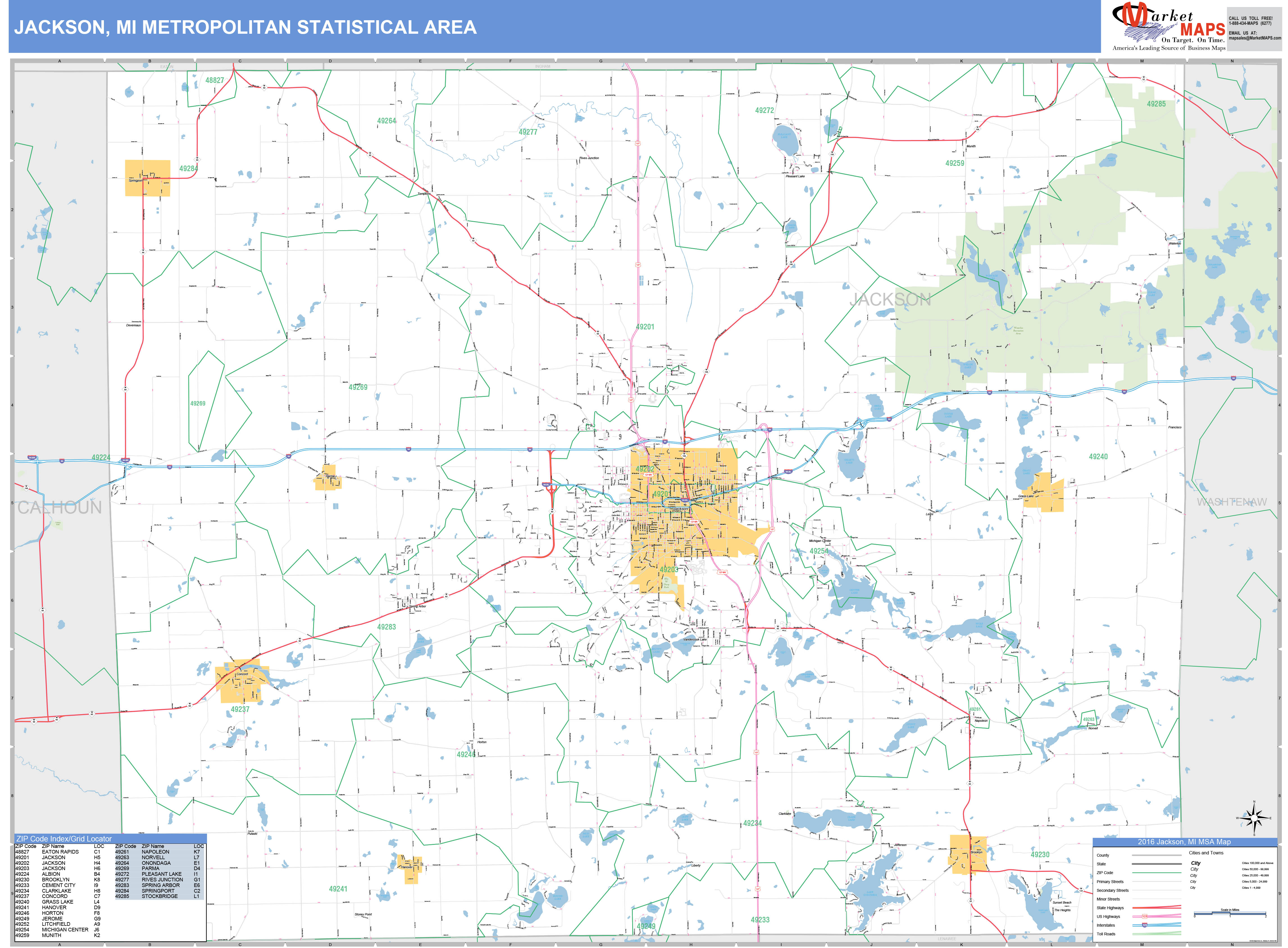 Jackson, MI Metro Area Wall Map Basic Style by MarketMAPS