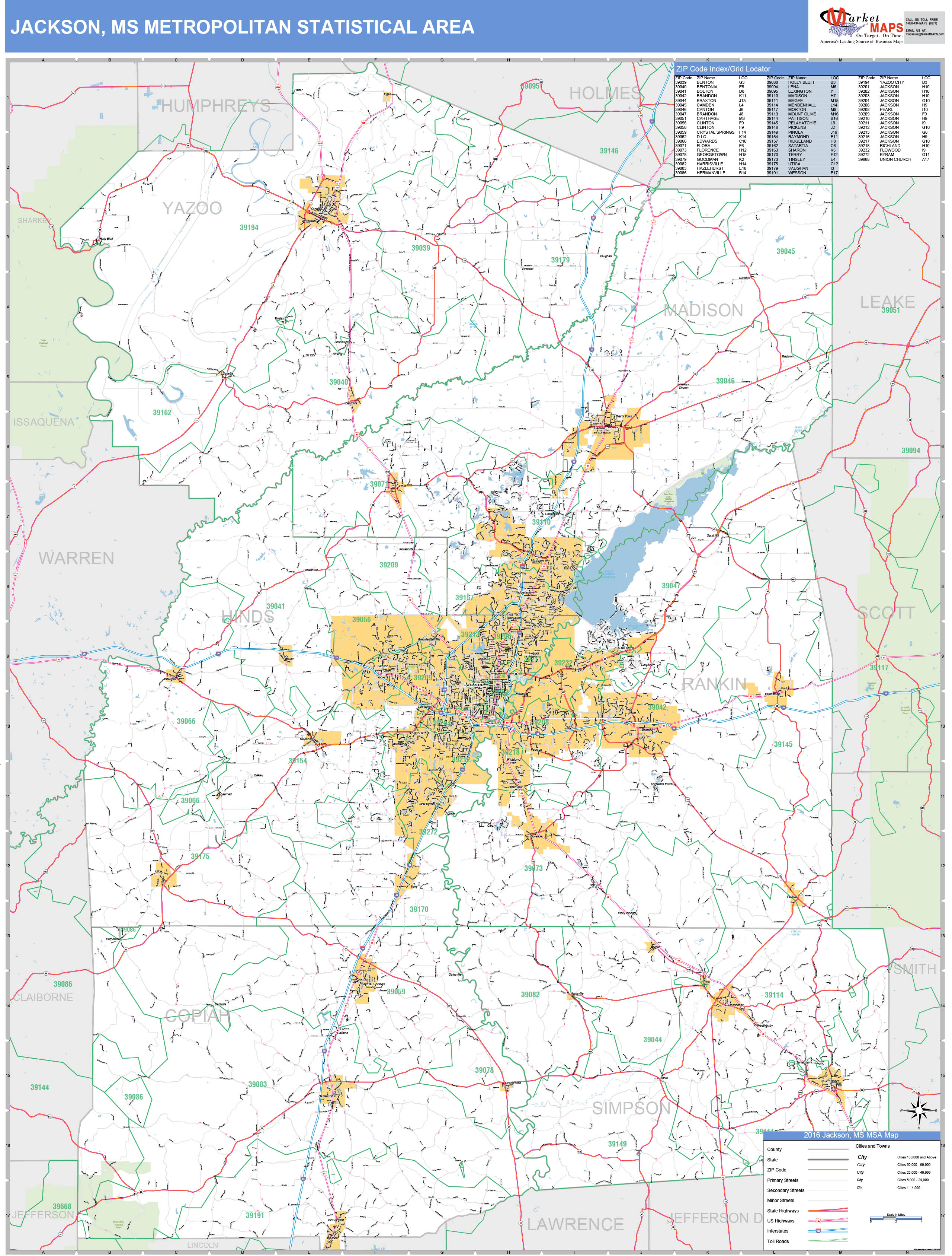 Jackson, MS Metro Area Wall Map Basic Style by MarketMAPS