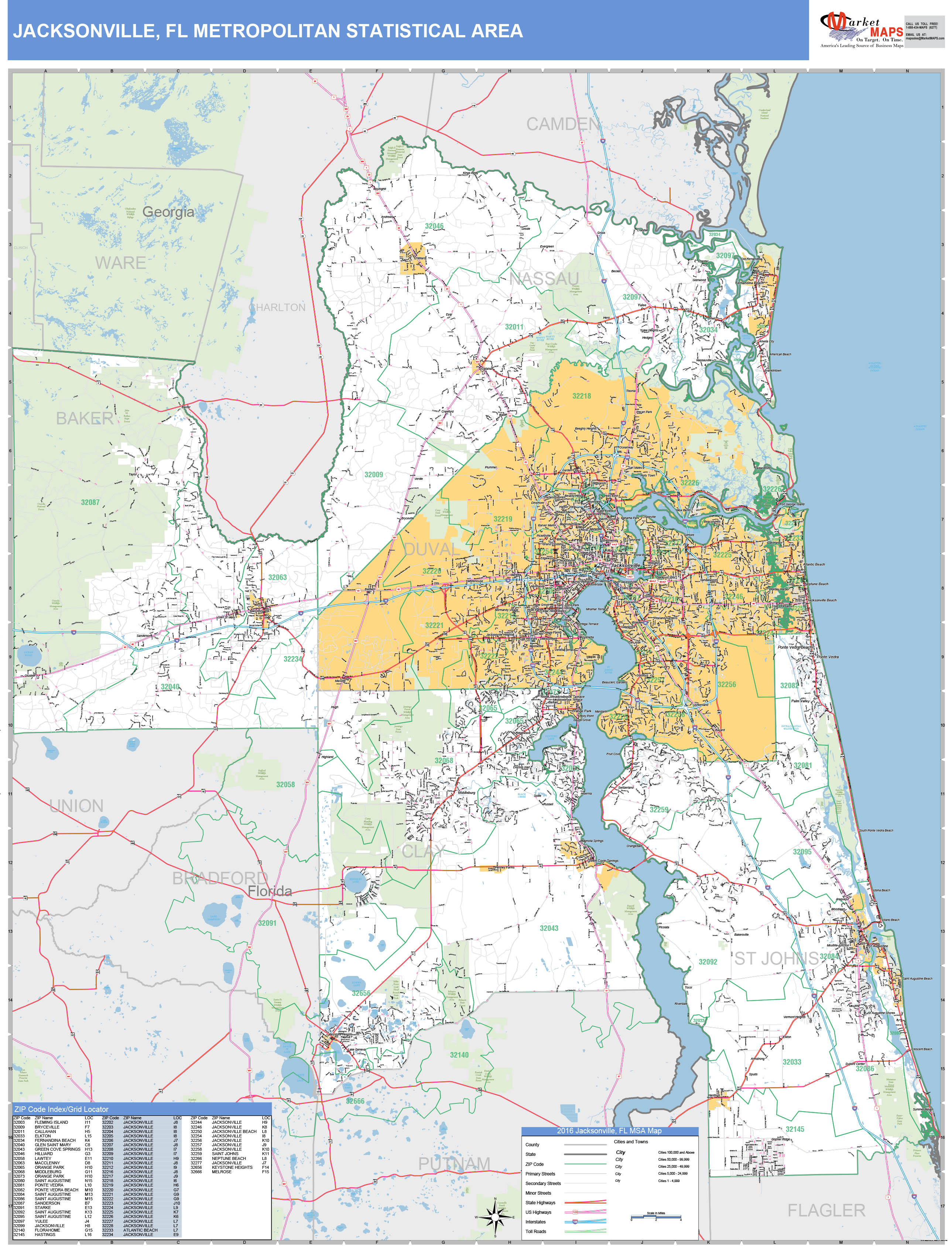 Jacksonville Fl Metro Area Wall Map Basic Style By Marketmaps