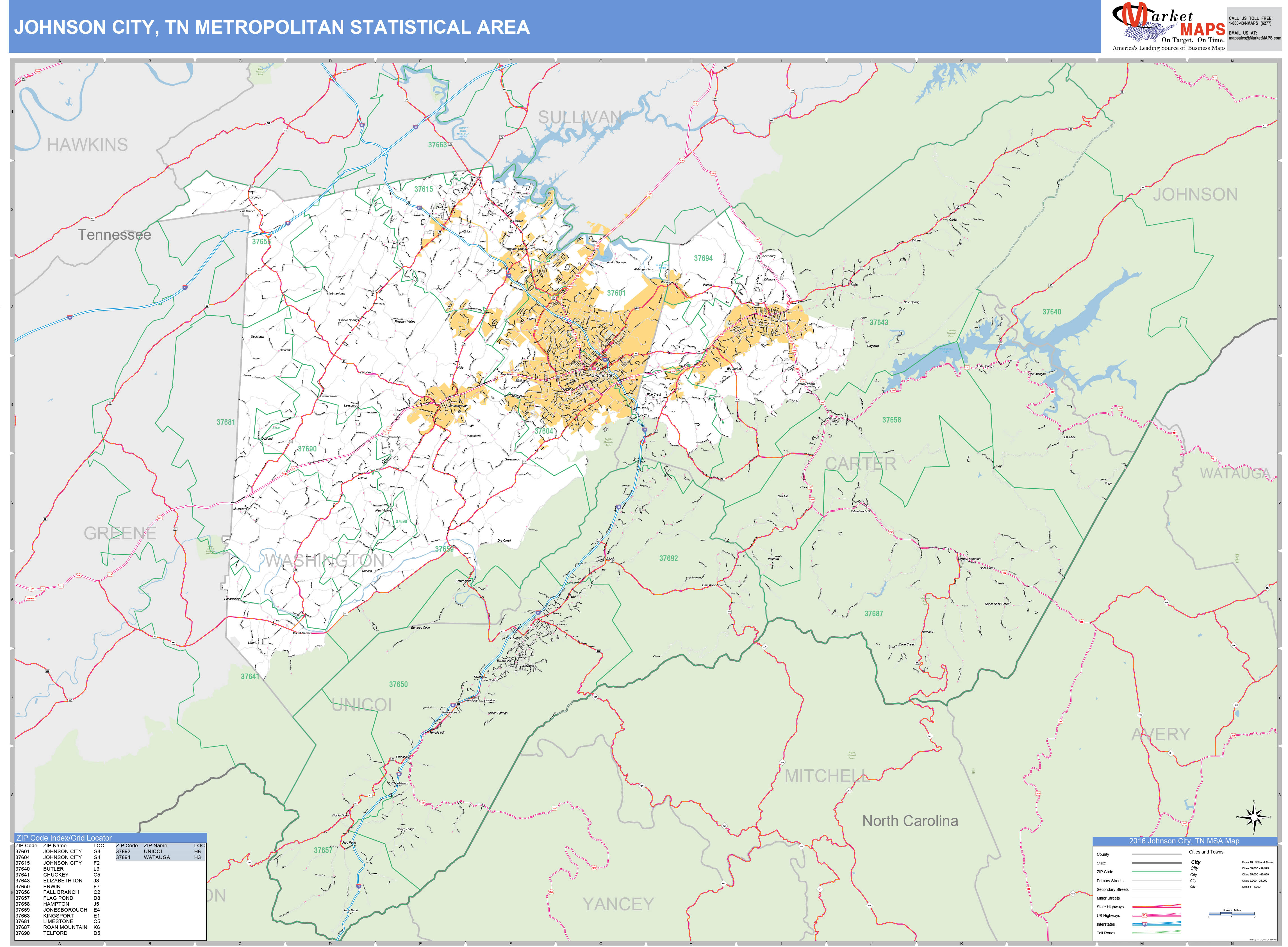 Johnson City, TN Metro Area Wall Map Basic Style by MarketMAPS