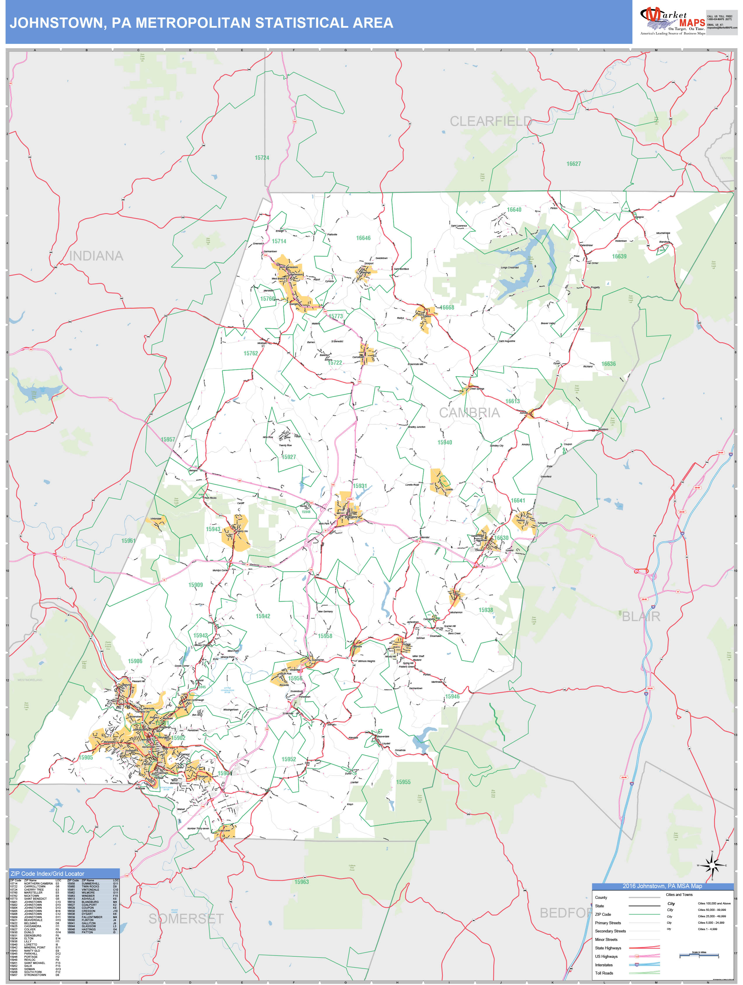 Johnstown, PA Metro Area Wall Map Basic Style by MarketMAPS
