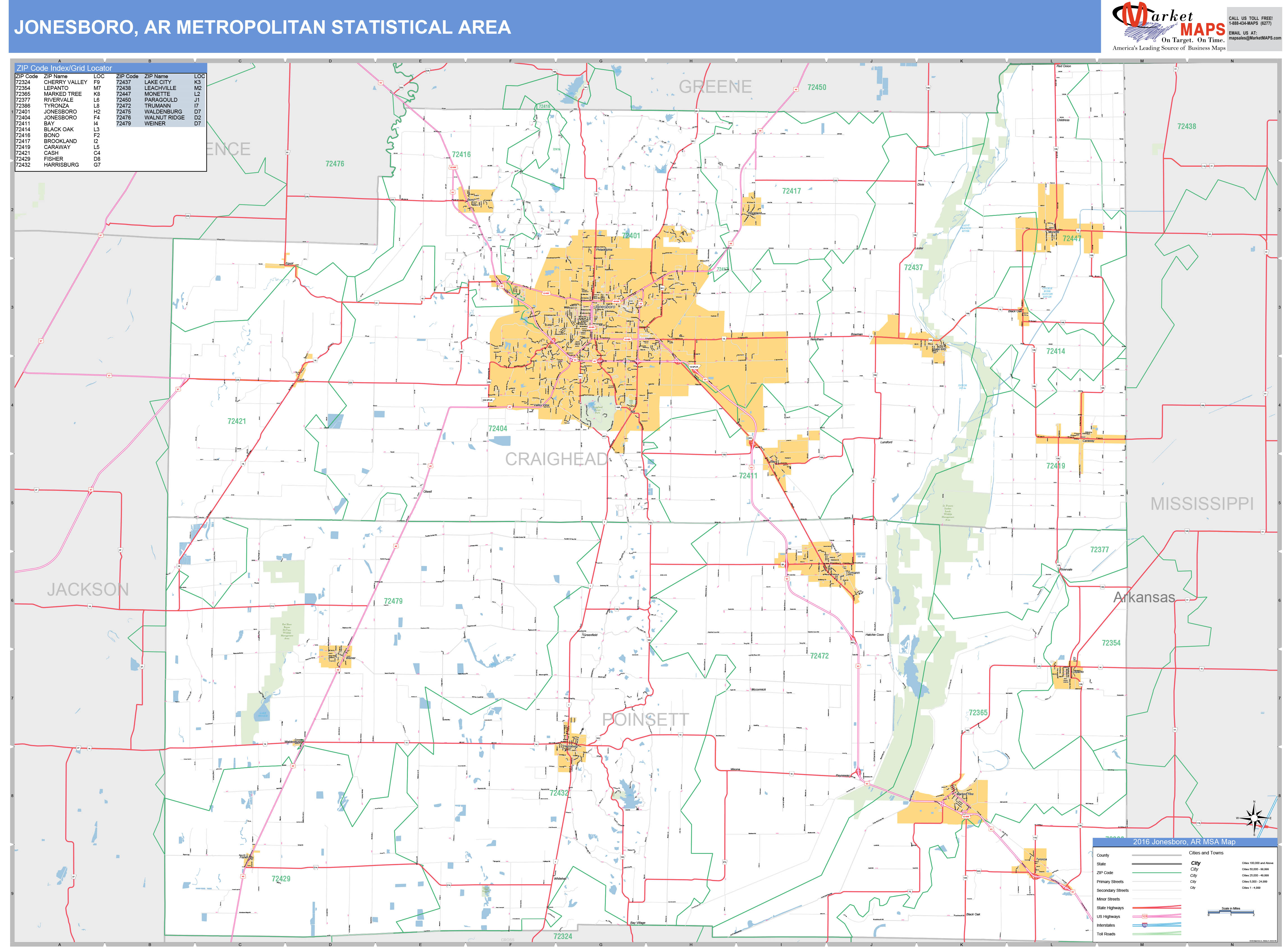 Jonesboro, AR Metro Area Wall Map Basic Style by MarketMAPS