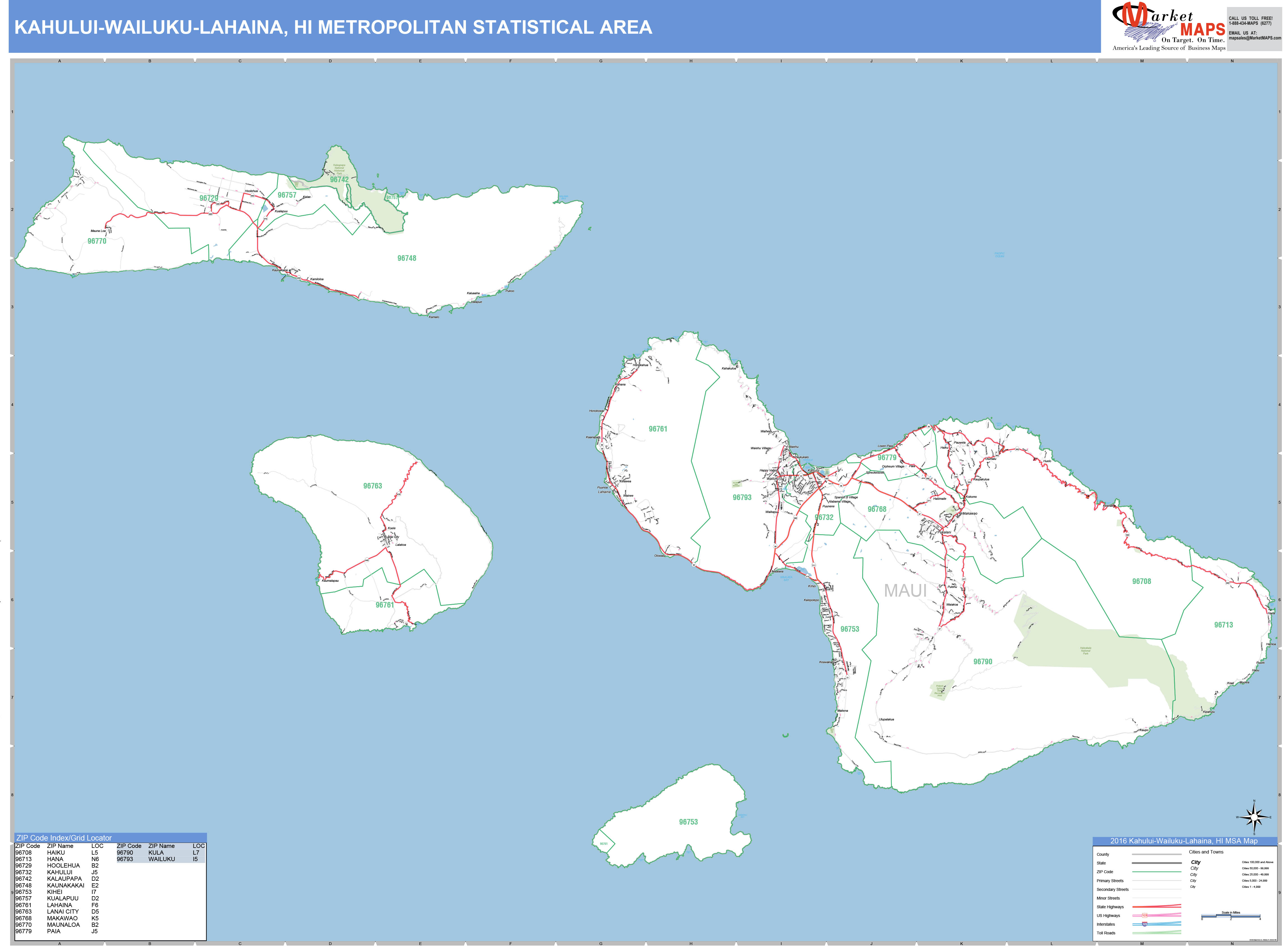 KahuluiWailukuLahaina, HI Metro Area Wall Map Basic Style by MarketMAPS