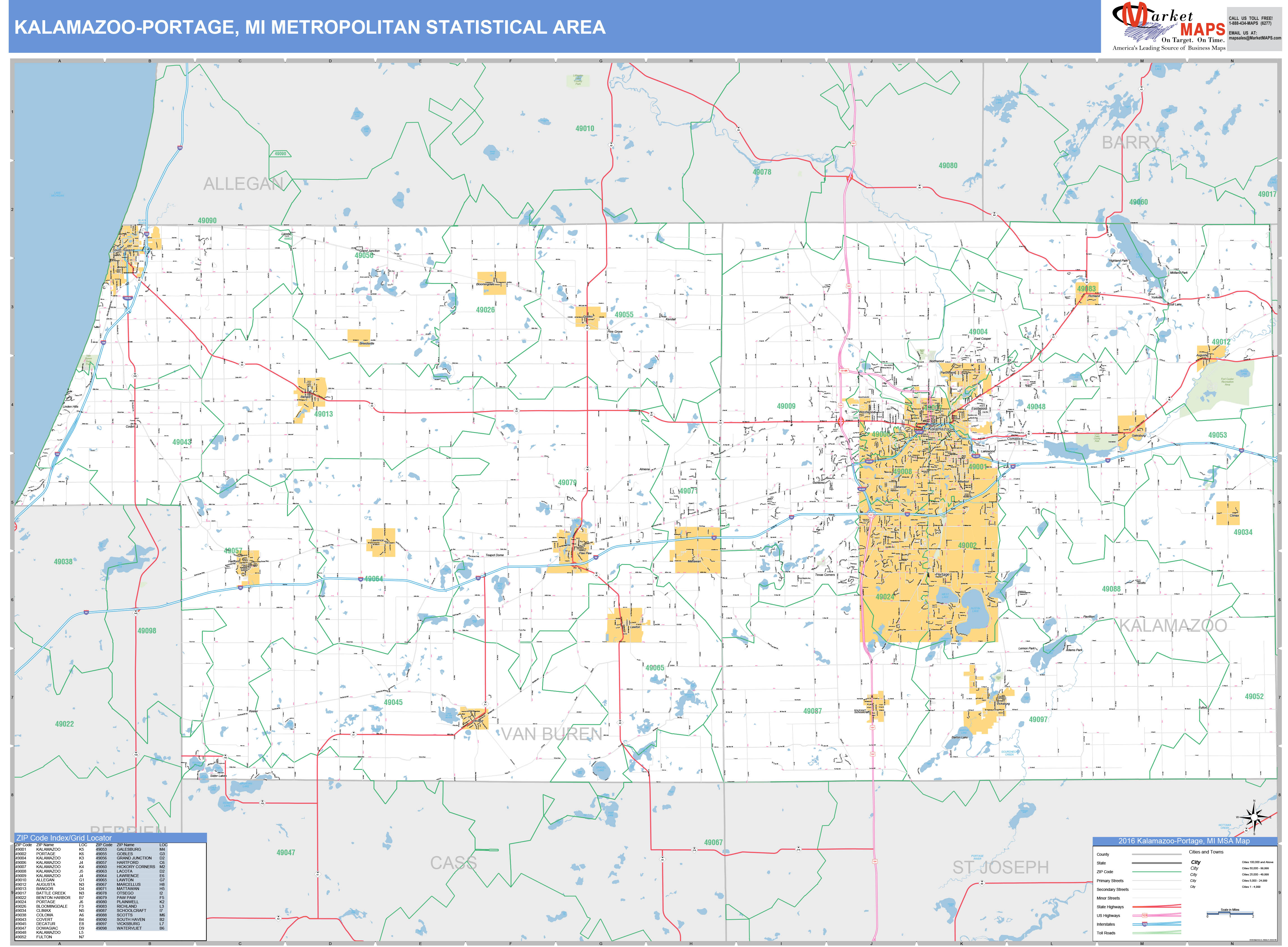 KalamazooPortage, MI Metro Area Wall Map Basic Style by MarketMAPS