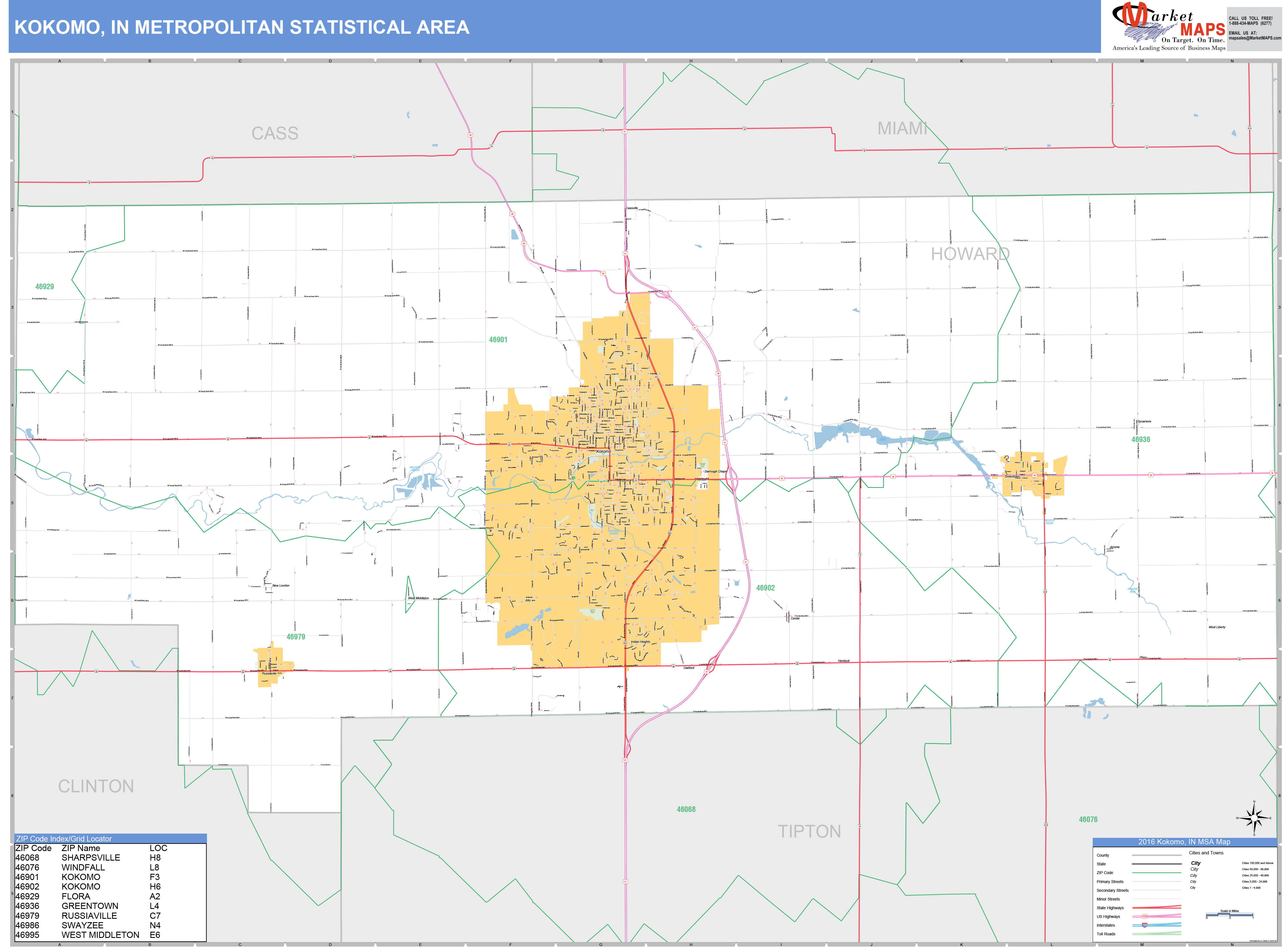 Kokomo, IN Metro Area Wall Map Basic Style by MarketMAPS