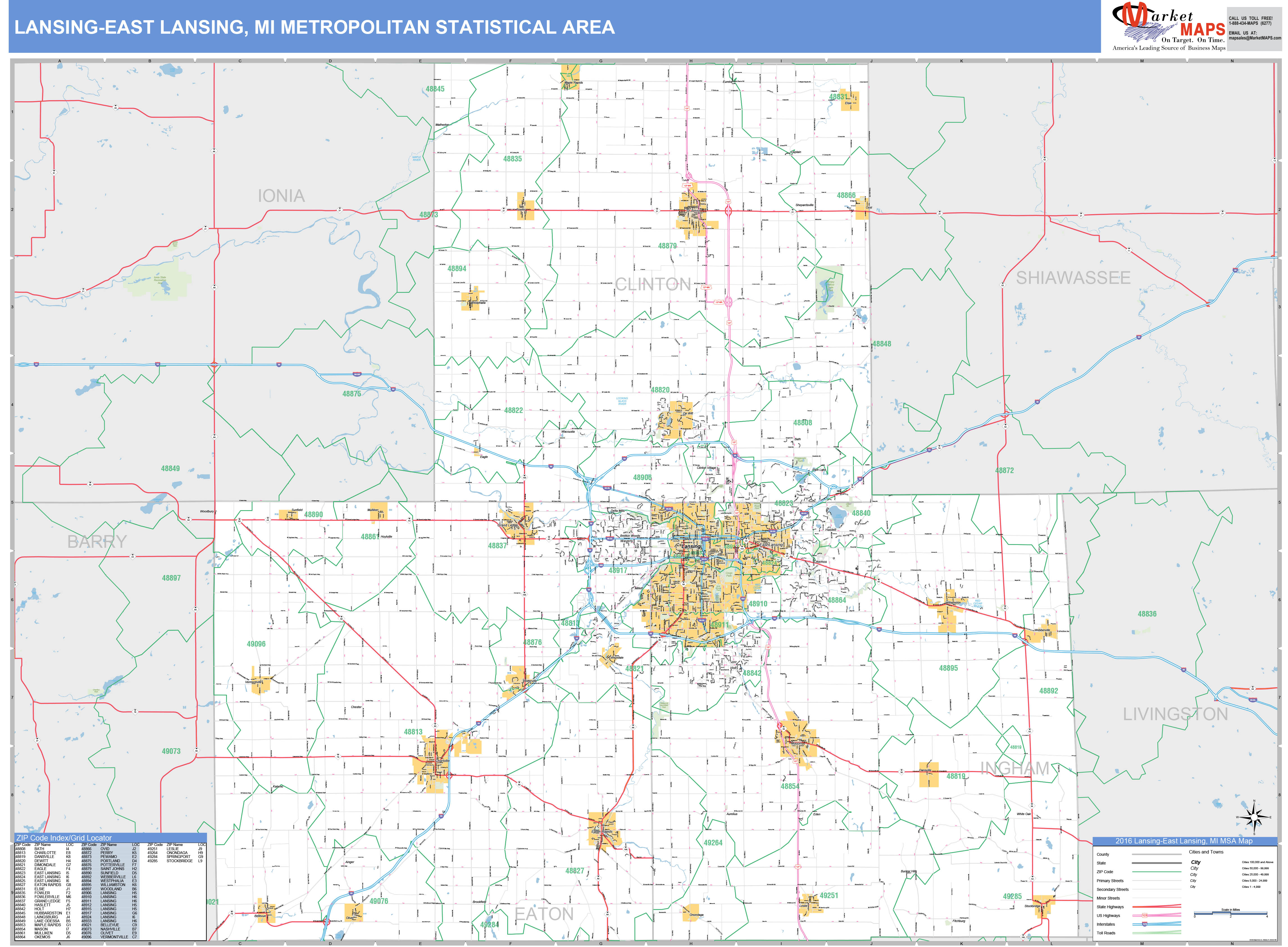 LansingEast Lansing, MI Metro Area Wall Map Basic Style by MarketMAPS