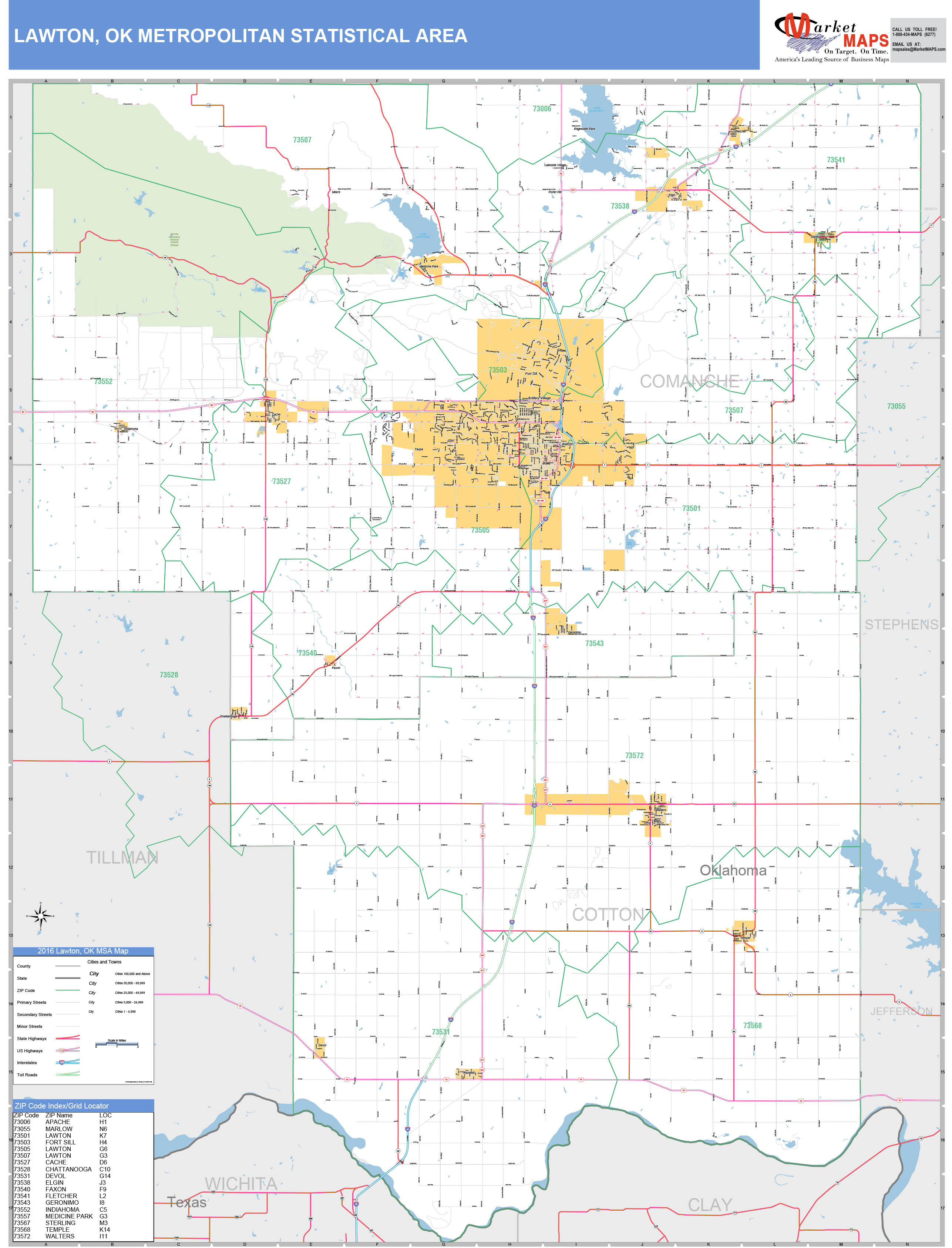 Lawton, OK Metro Area Wall Map Basic Style by MarketMAPS