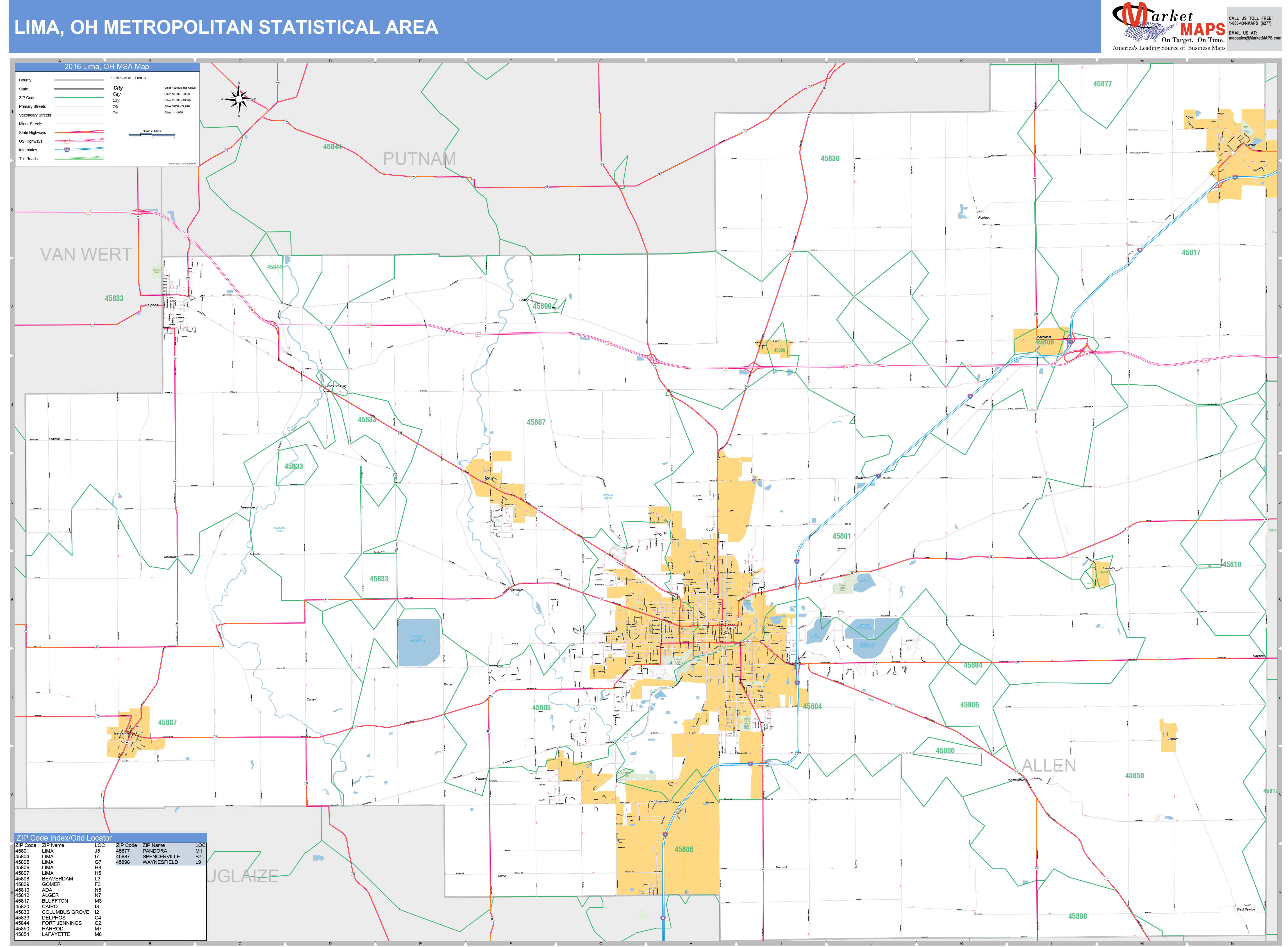 Lima OH Metro Area Wall Map Basic Style By MarketMAPS MapSales lima-ohio-map