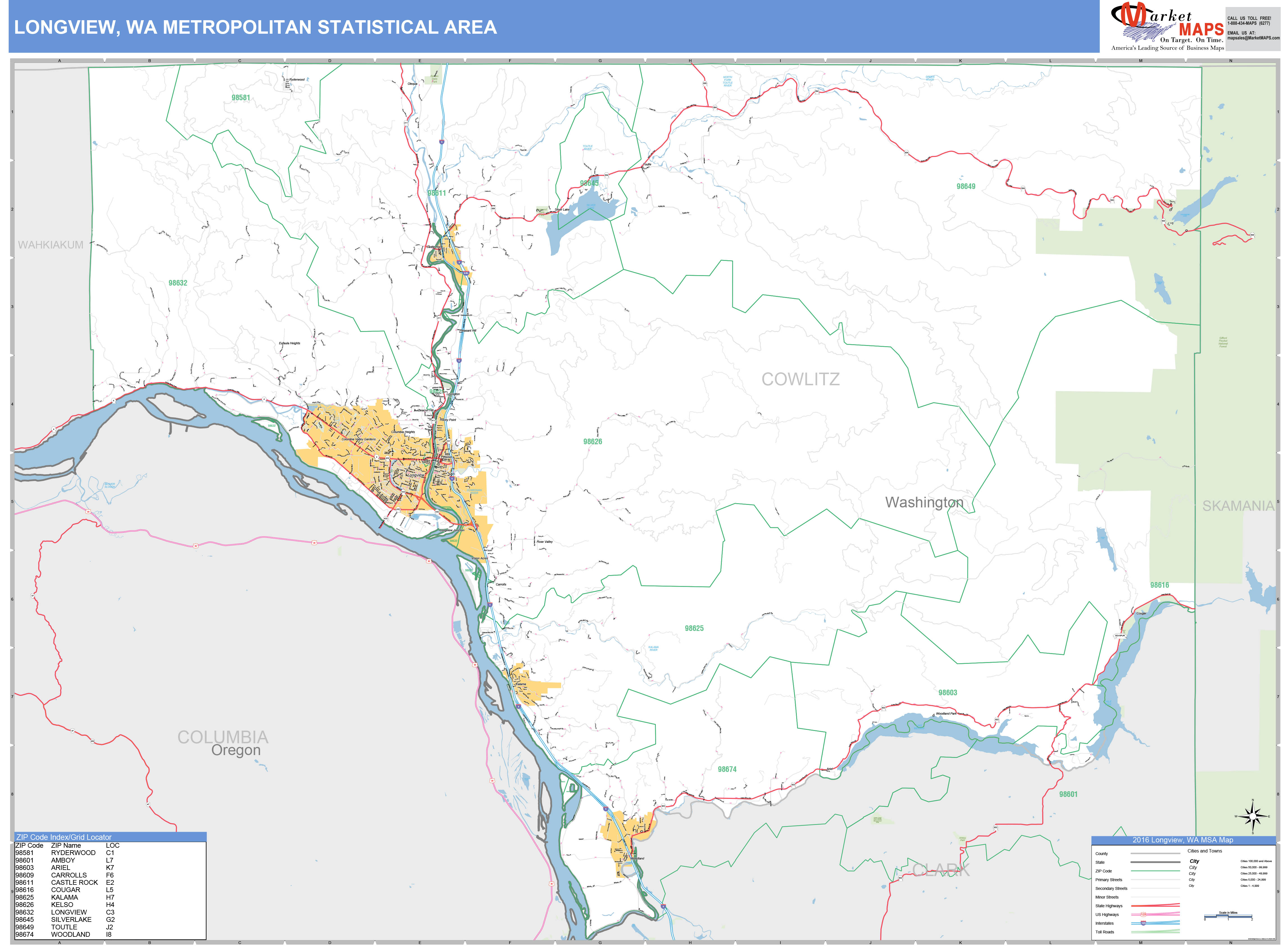 Longview, WA Metro Area Wall Map Basic Style by MarketMAPS - MapSales