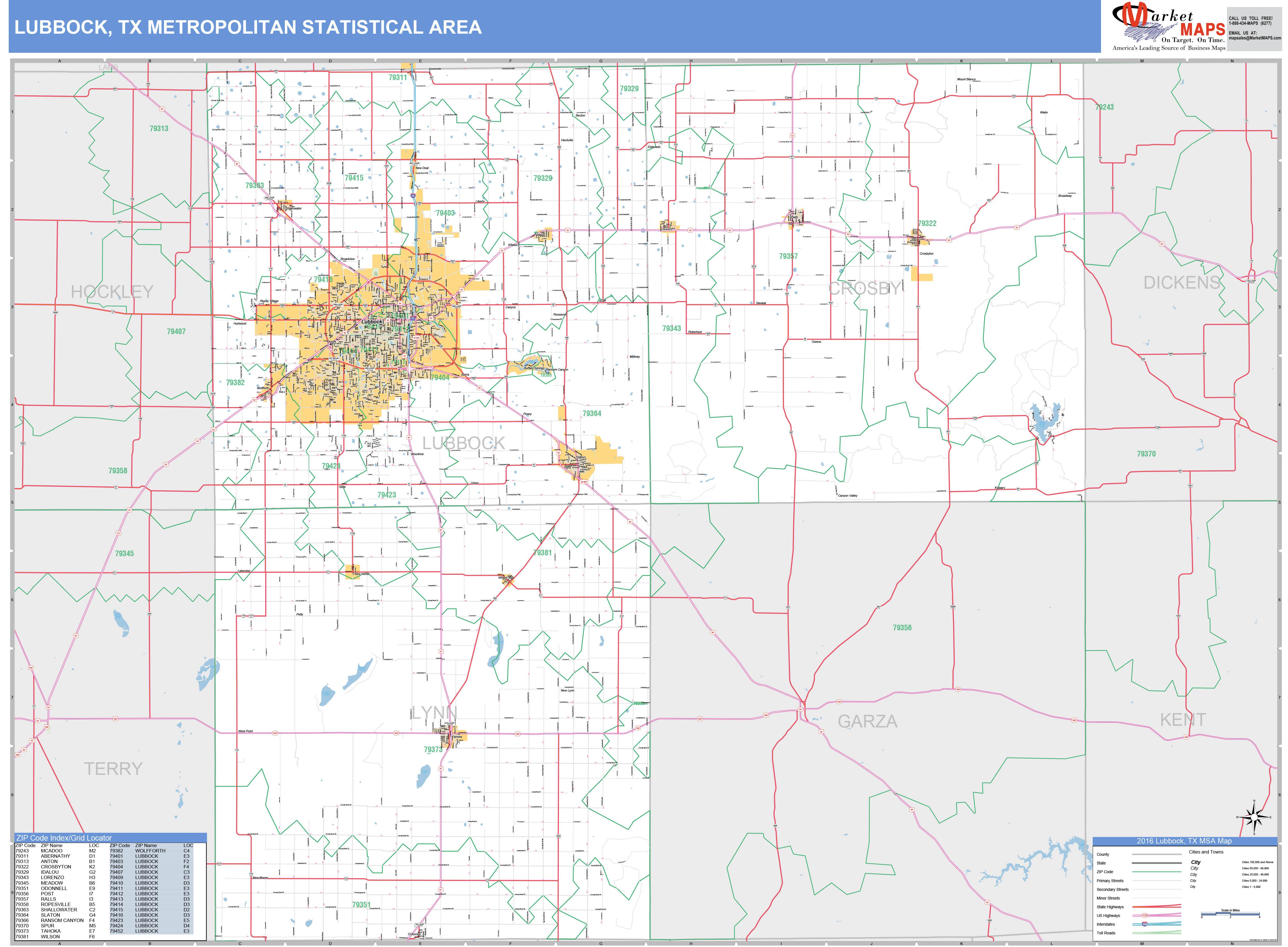 Lubbock, TX Metro Area Wall Map Basic Style by MarketMAPS MapSales