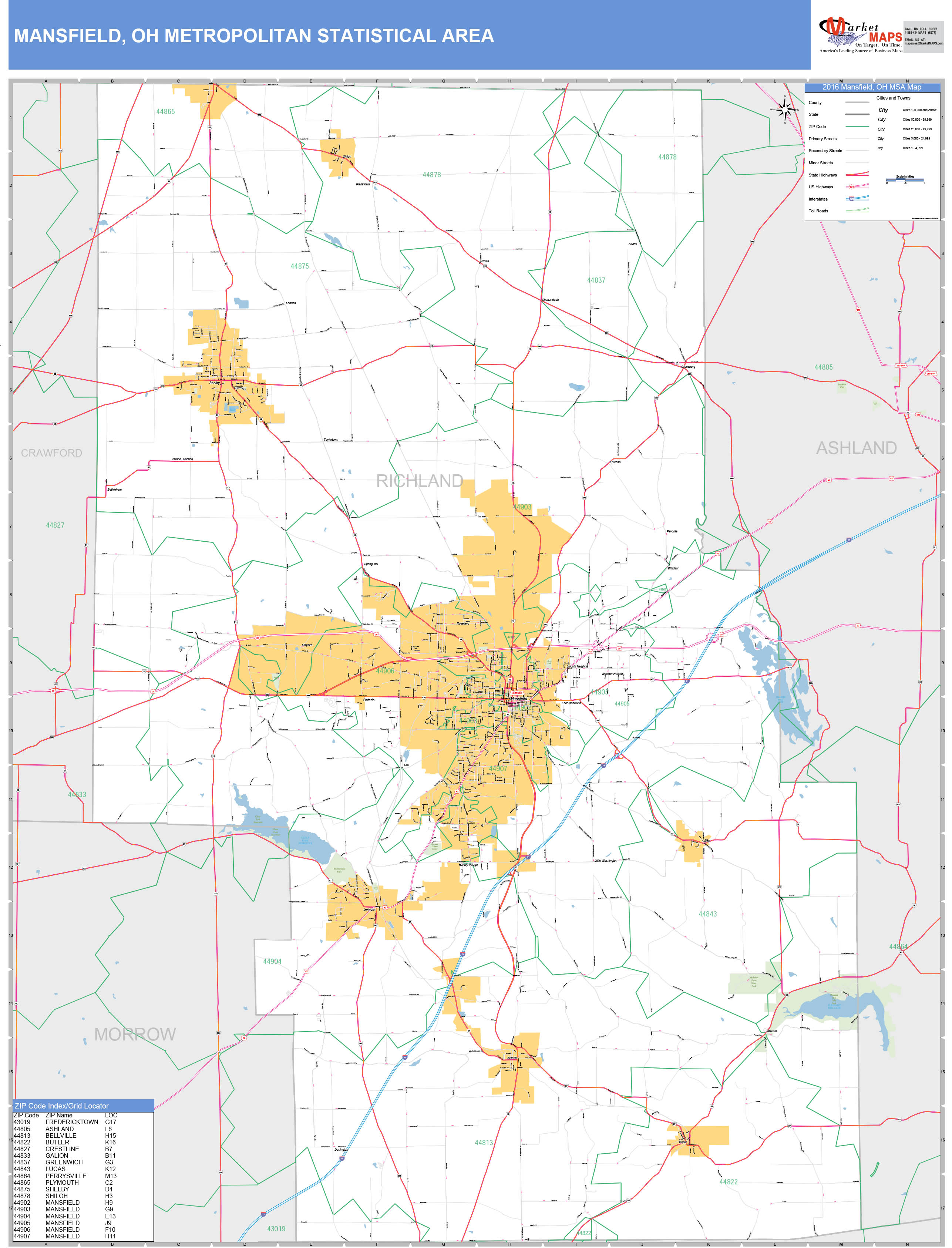 Mansfield, OH Metro Area Wall Map Basic Style by MarketMAPS