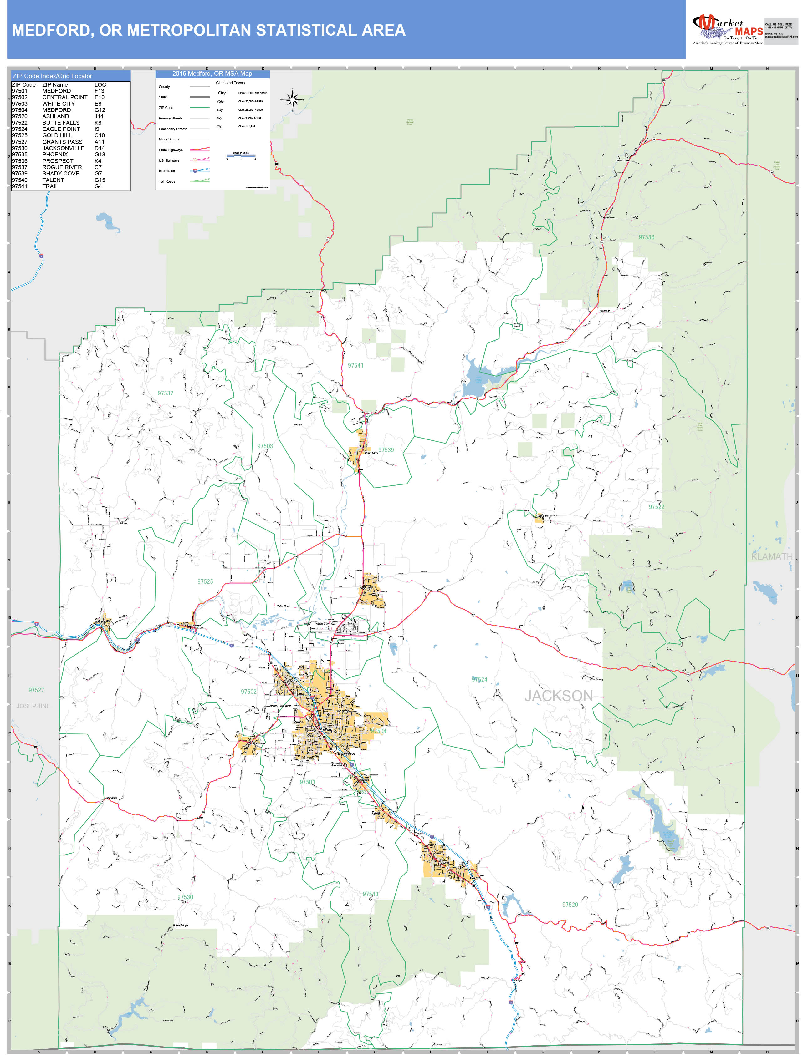 Medford, OR Metro Area Wall Map Basic Style by MarketMAPS