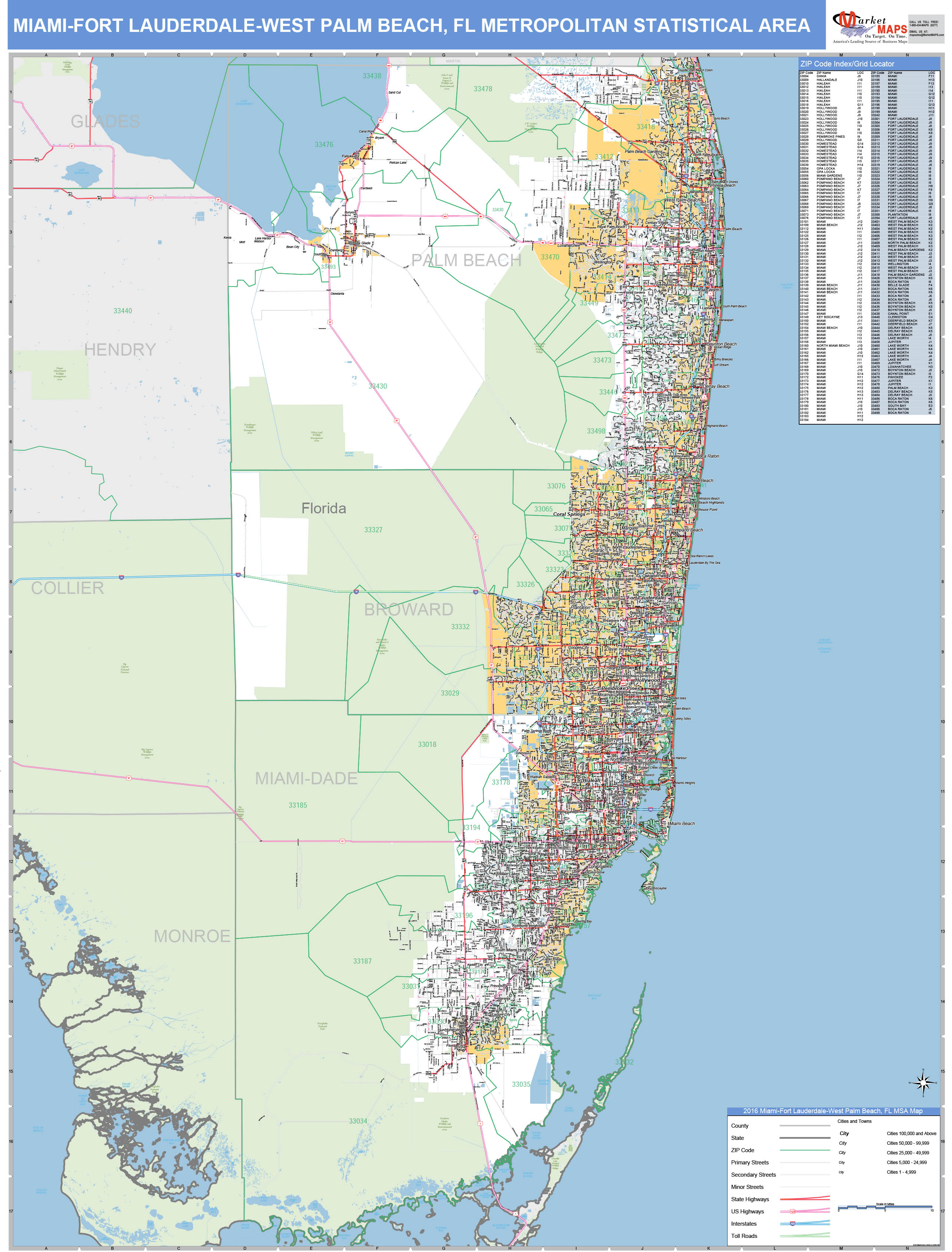 MiamiFort LauderdaleWest Palm Beach, FL Metro Area Wall Map Basic Style by MarketMAPS MapSales