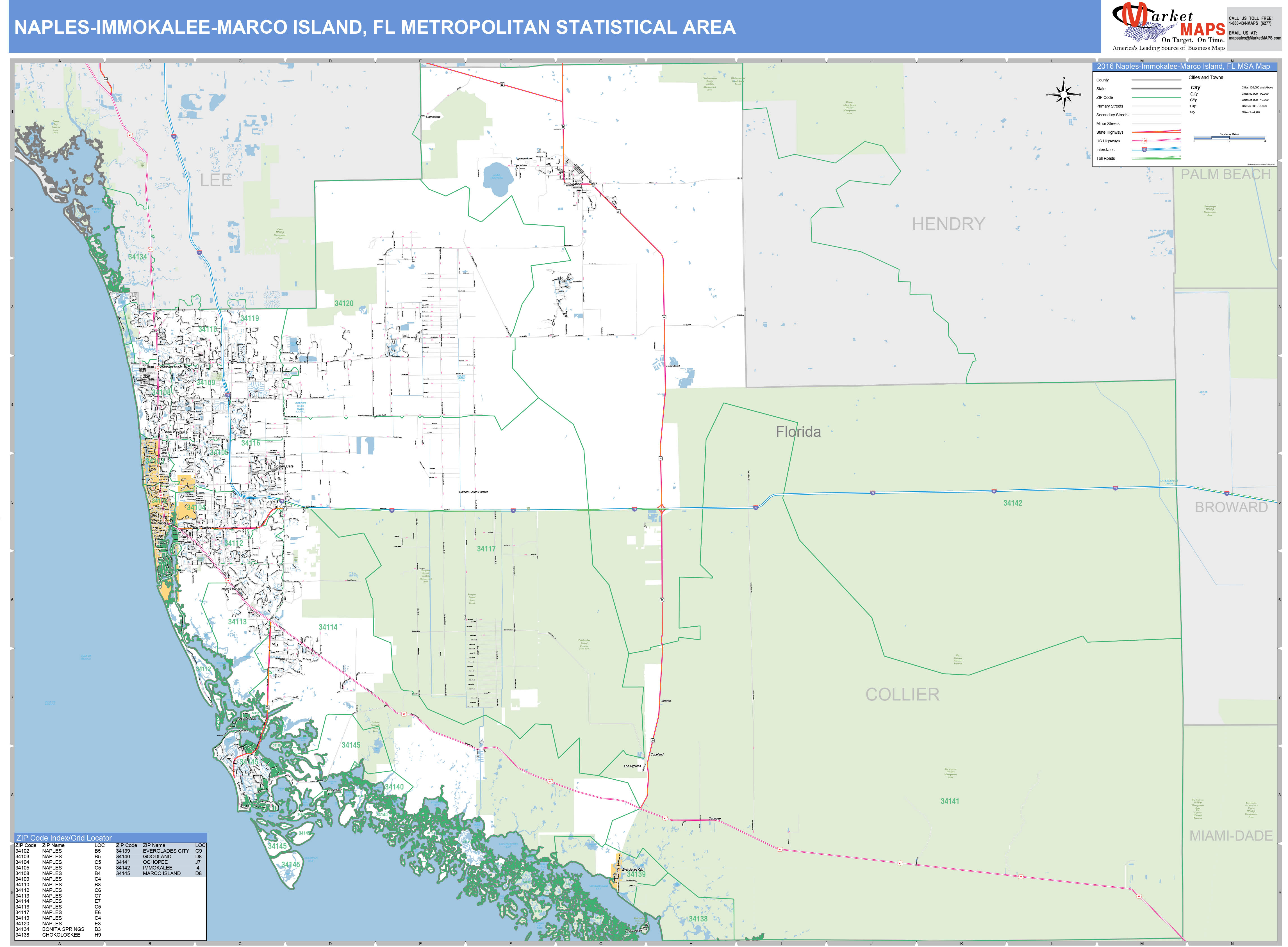 NaplesImmokaleeMarco Island, FL Metro Area Wall Map Basic Style by