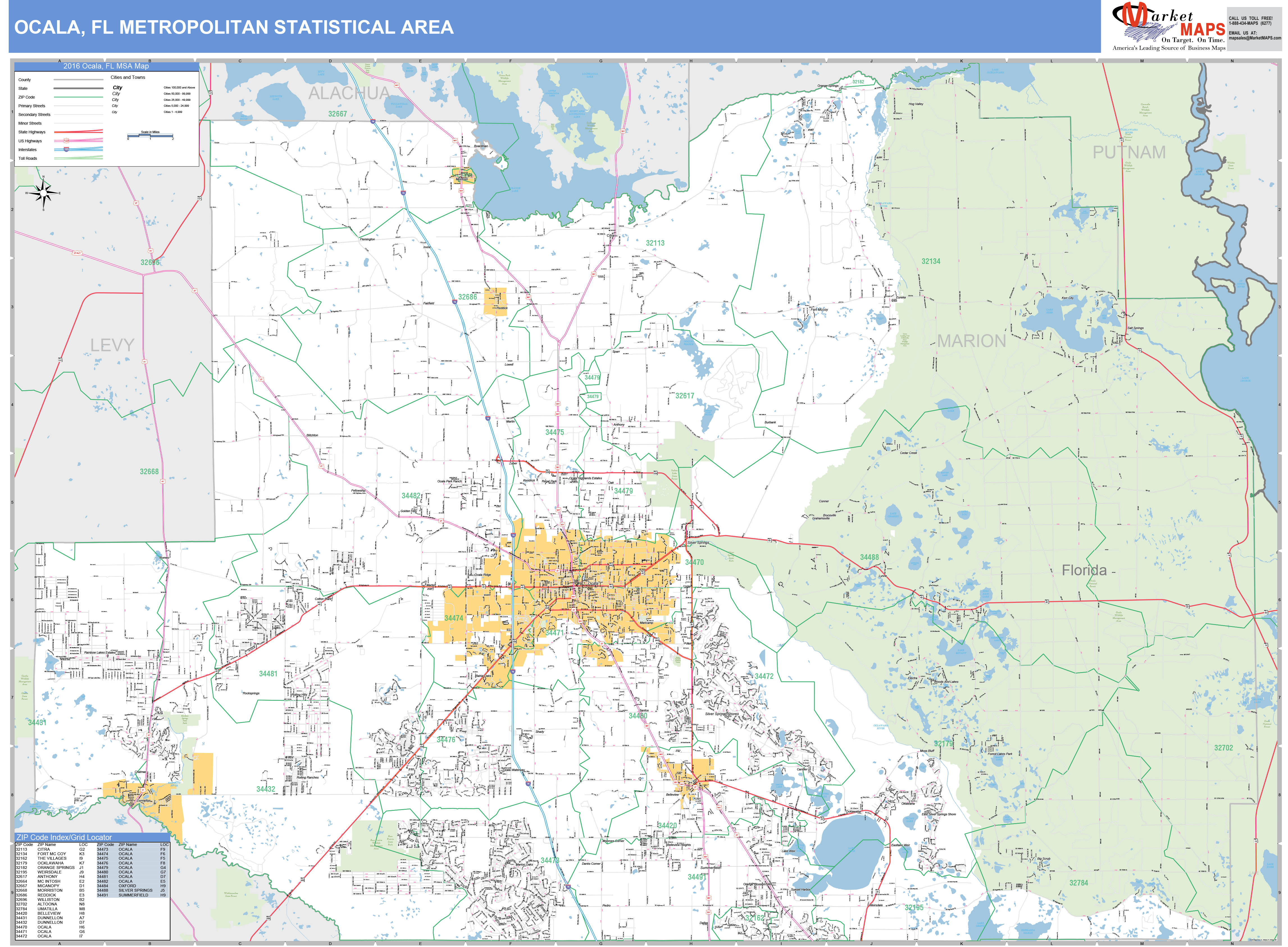 Ocala, FL Metro Area Wall Map Basic Style by MarketMAPS