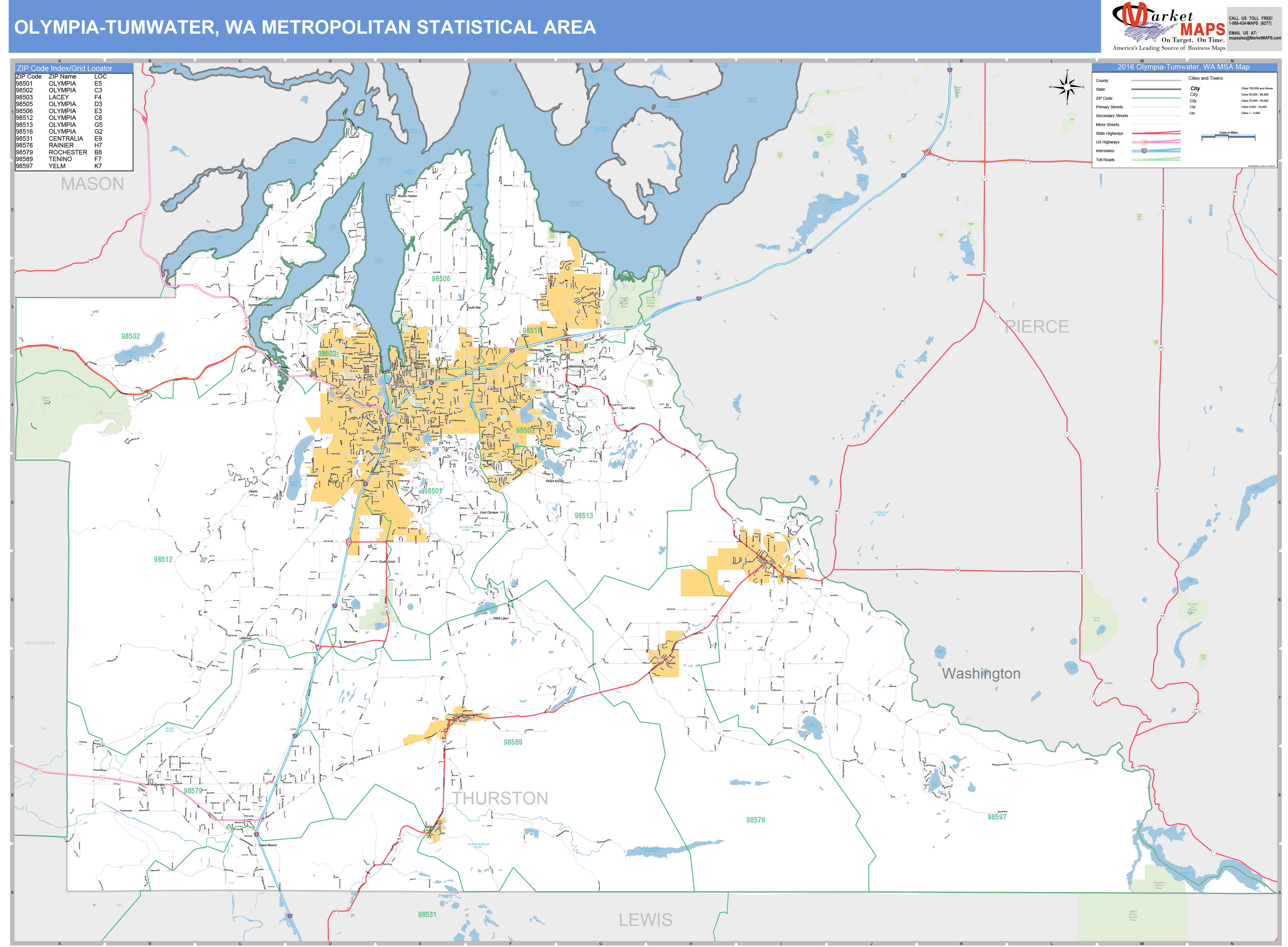 OlympiaTumwater, WA Metro Area Wall Map Basic Style by MarketMAPS