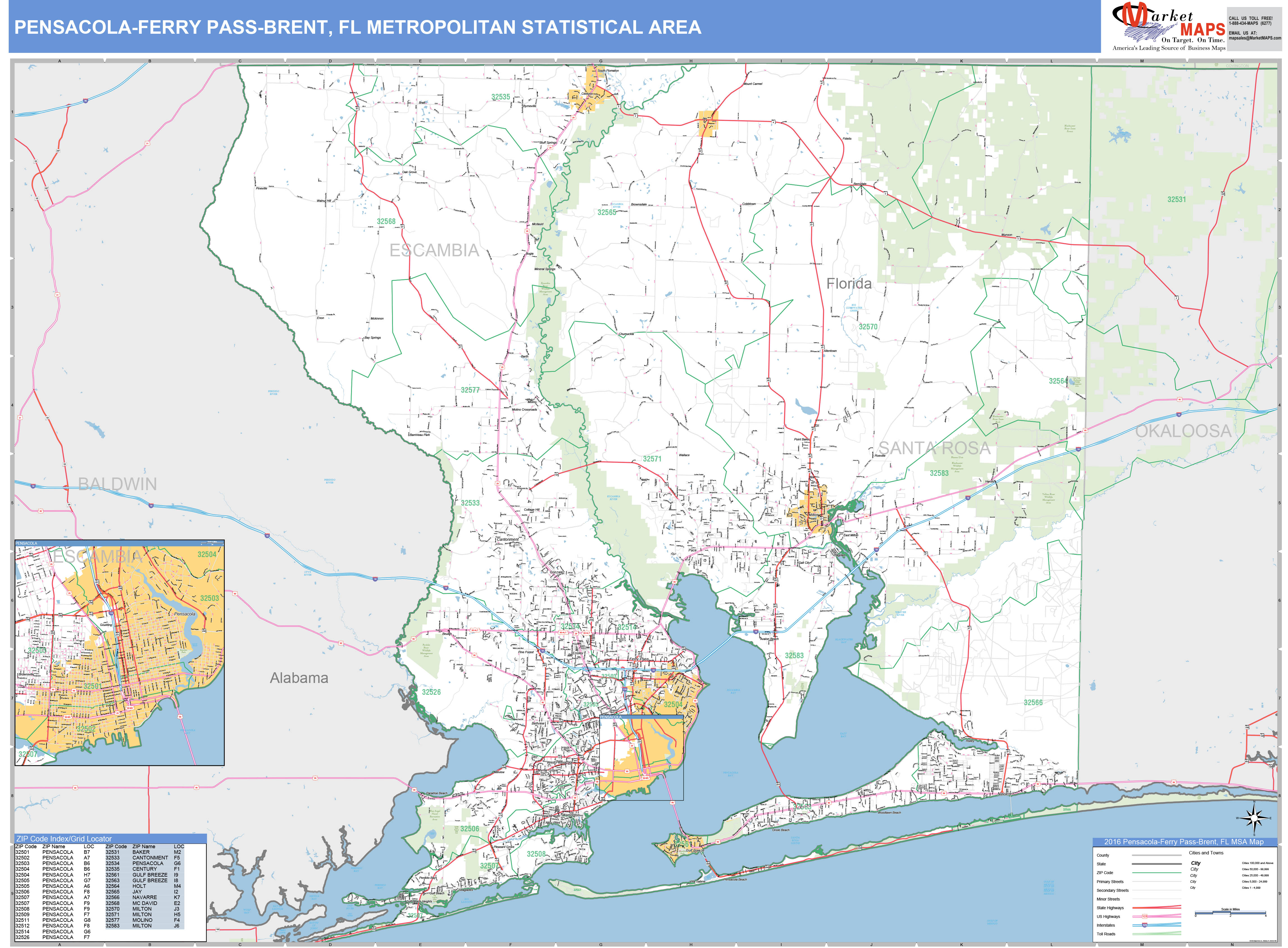 PensacolaFerry PassBrent, FL Metro Area Wall Map Basic Style by