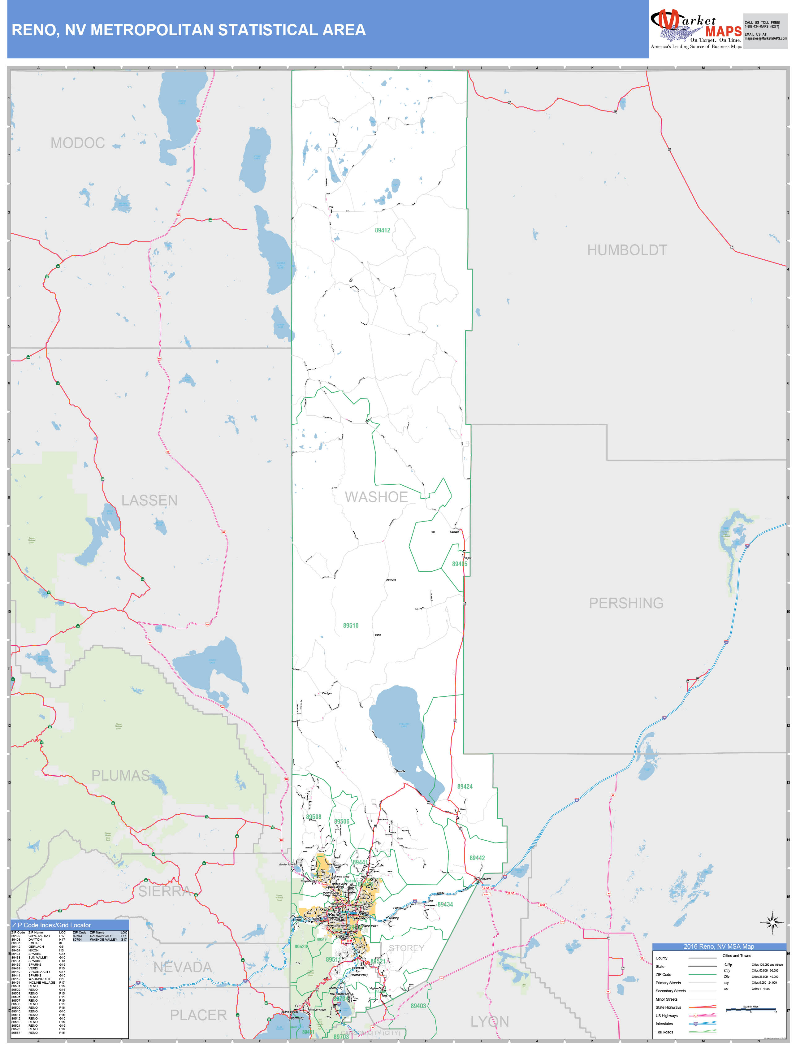 Reno, NV Metro Area Wall Map Basic Style by MarketMAPS MapSales