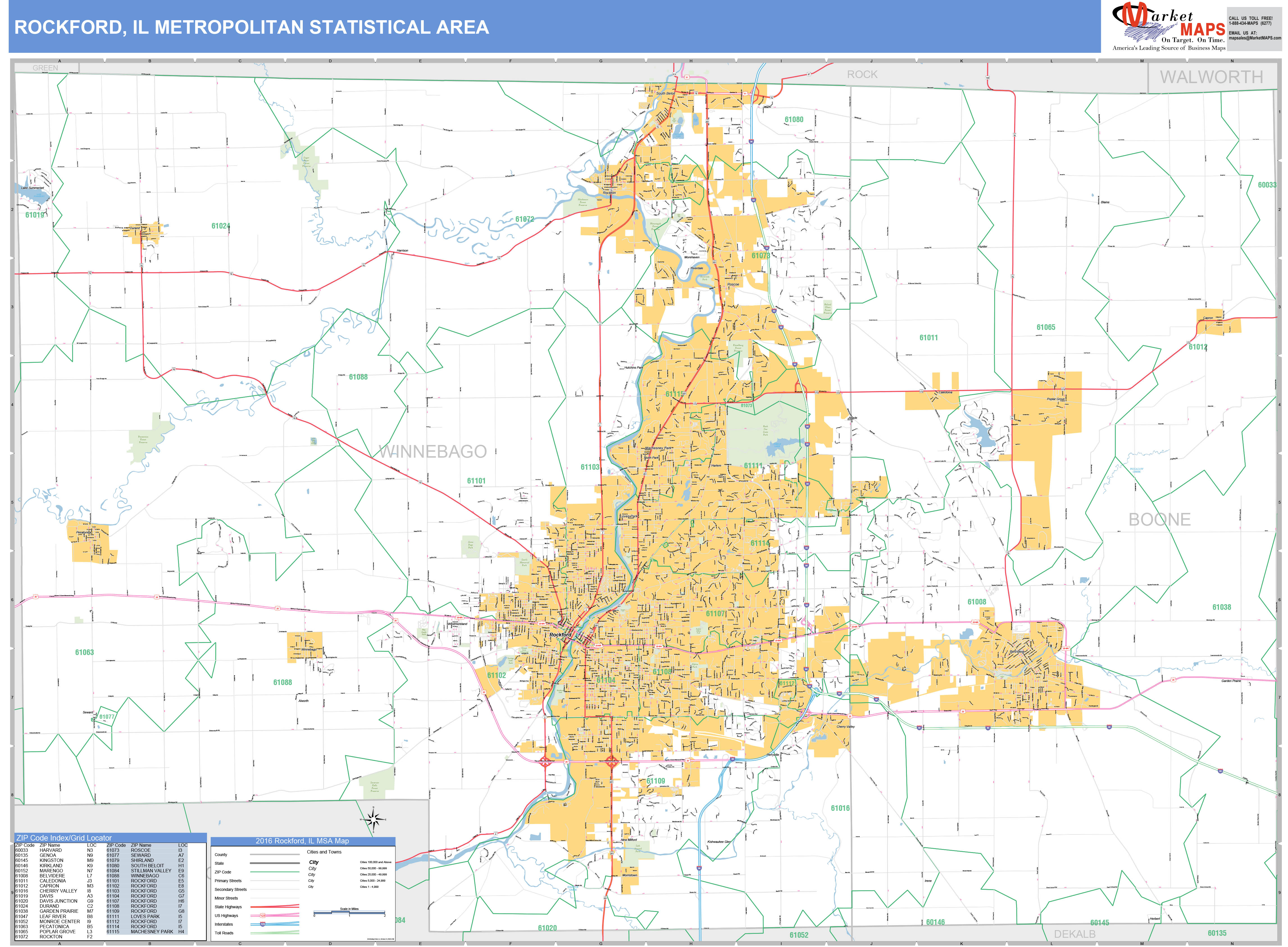 Rockford, IL Metro Area Wall Map Basic Style by MarketMAPS