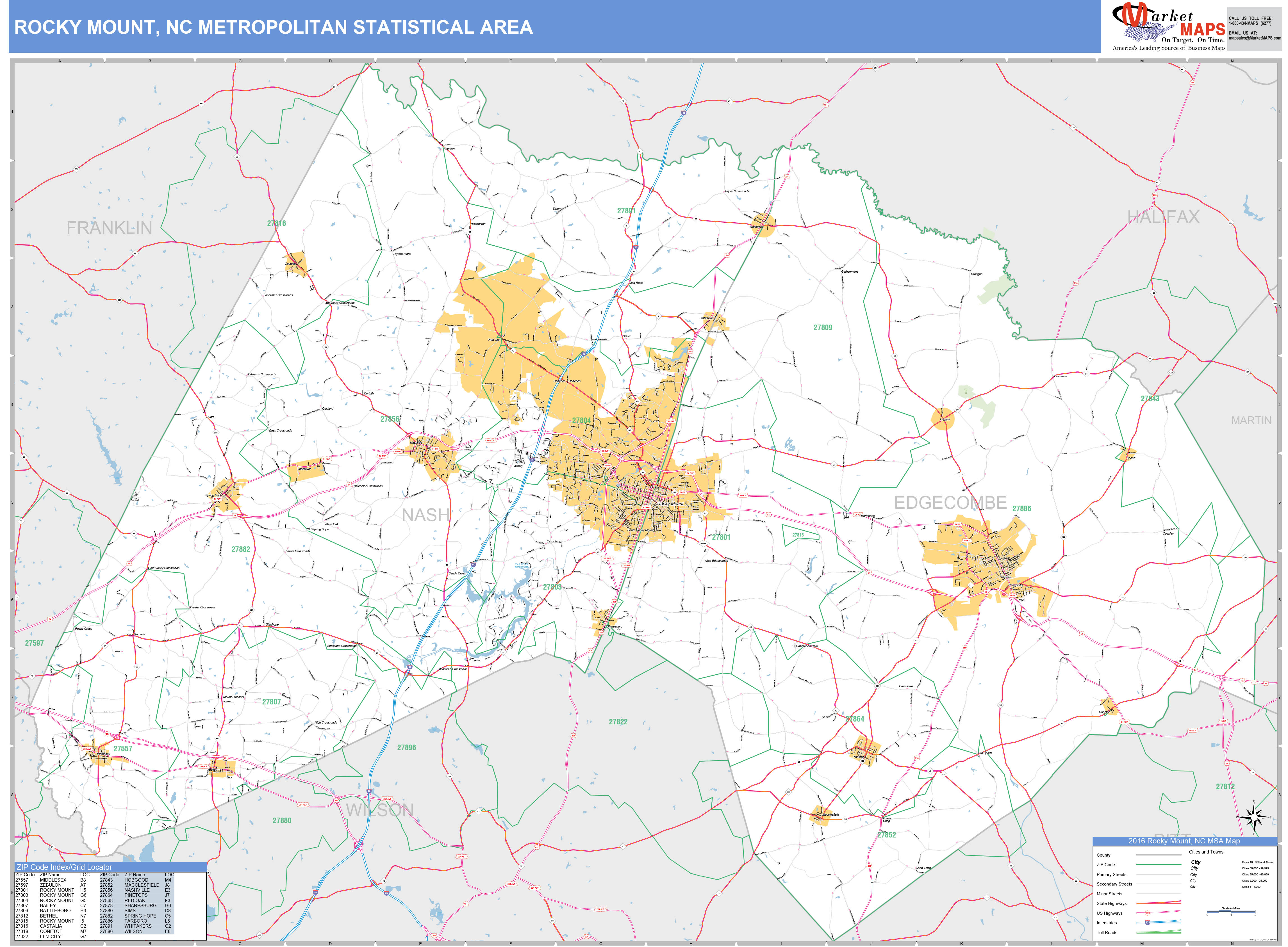 Rocky Mount, NC Metro Area Wall Map Basic Style by MarketMAPS
