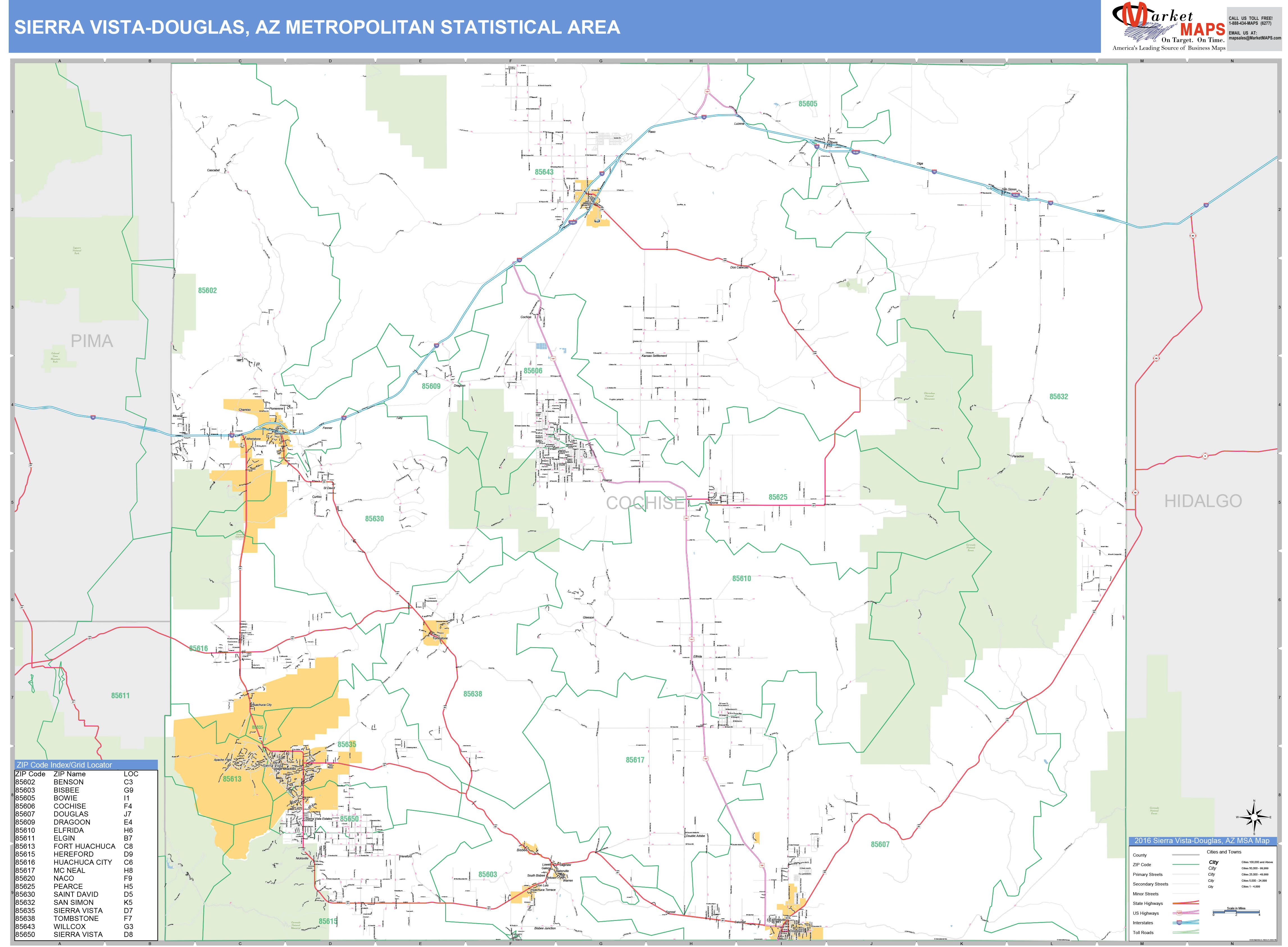 Sierra VistaDouglas, AZ Metro Area Wall Map Basic Style by MarketMAPS