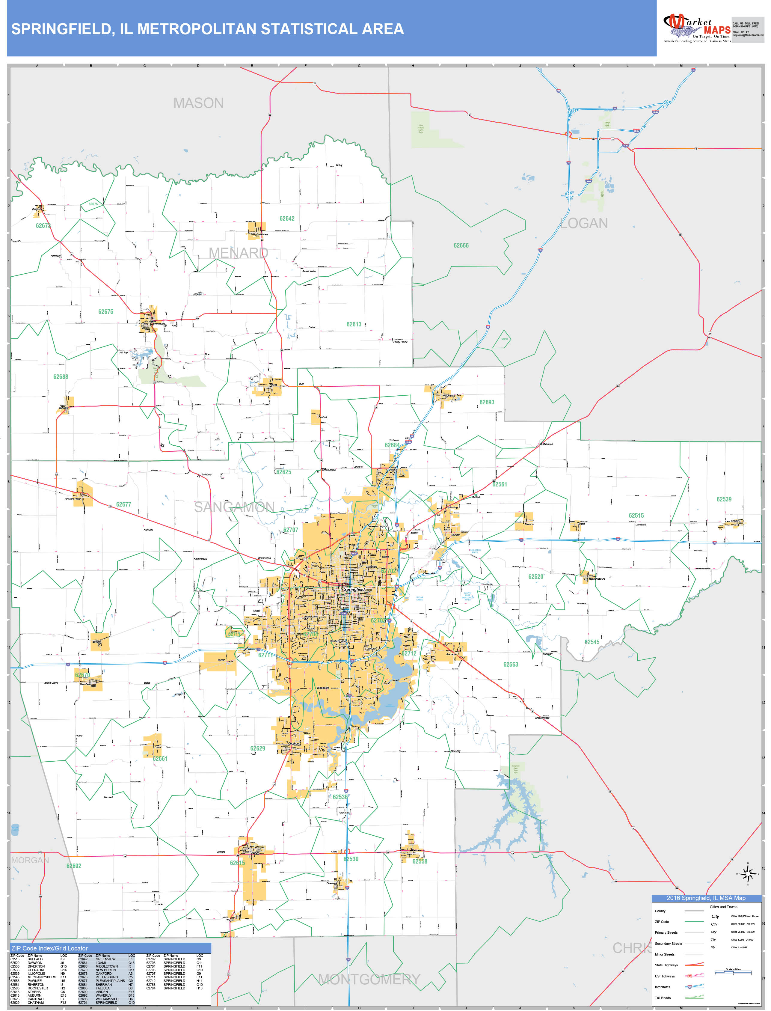 Springfield, IL Metro Area Wall Map Basic Style by MarketMAPS