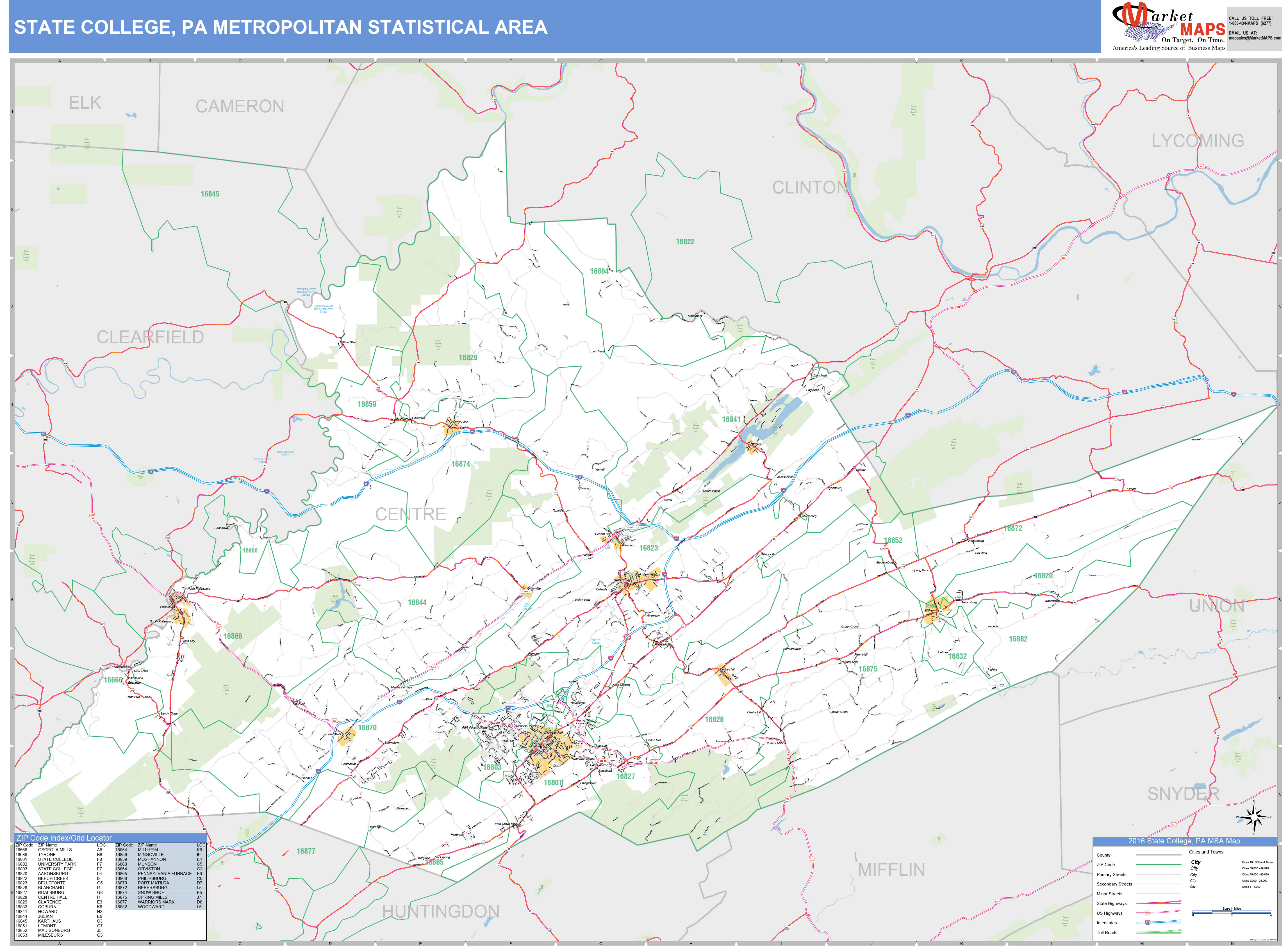 State College, PA Metro Area Wall Map Basic Style by MarketMAPS